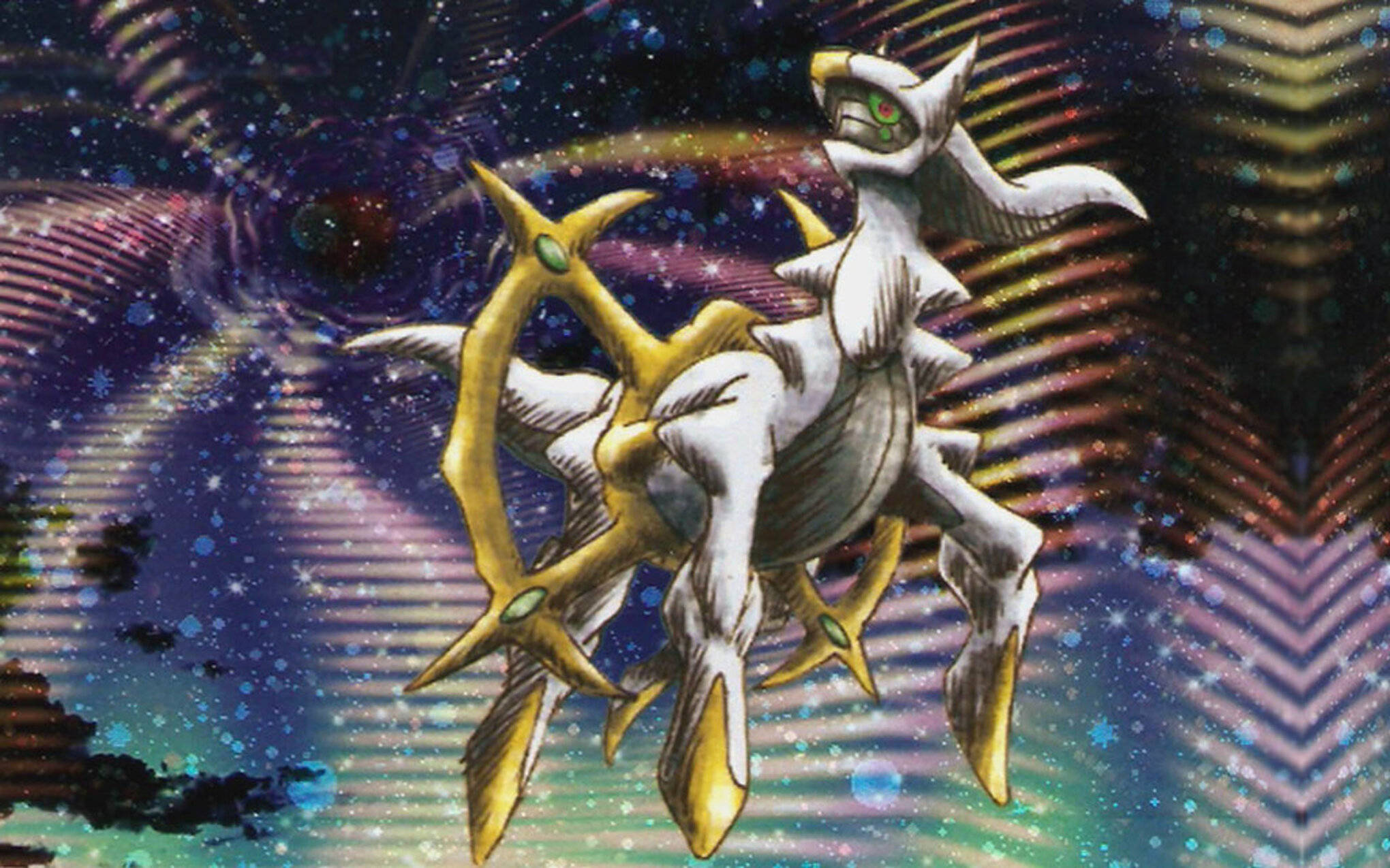 Arceus, white and gold dragon-like creature, glowing green eyes, Full HD Desktop Wallpaper