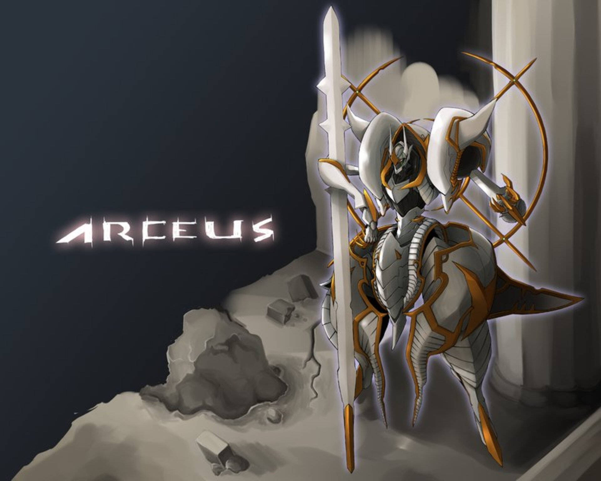 Arceus, white and gold armored, glowing sword, Full HD Desktop Wallpaper