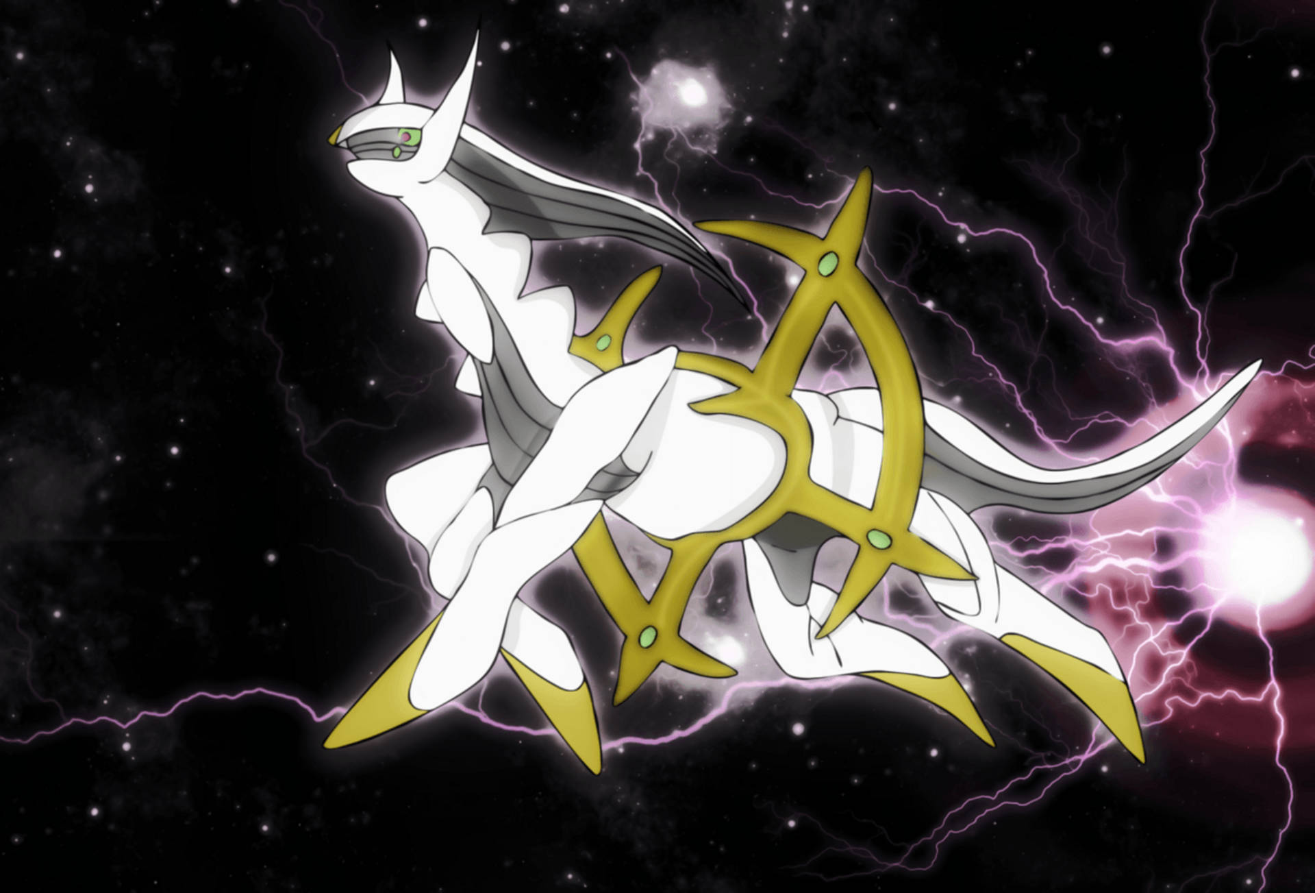 Arceus, white and gold, glowing green eyes, Full HD Desktop Wallpaper