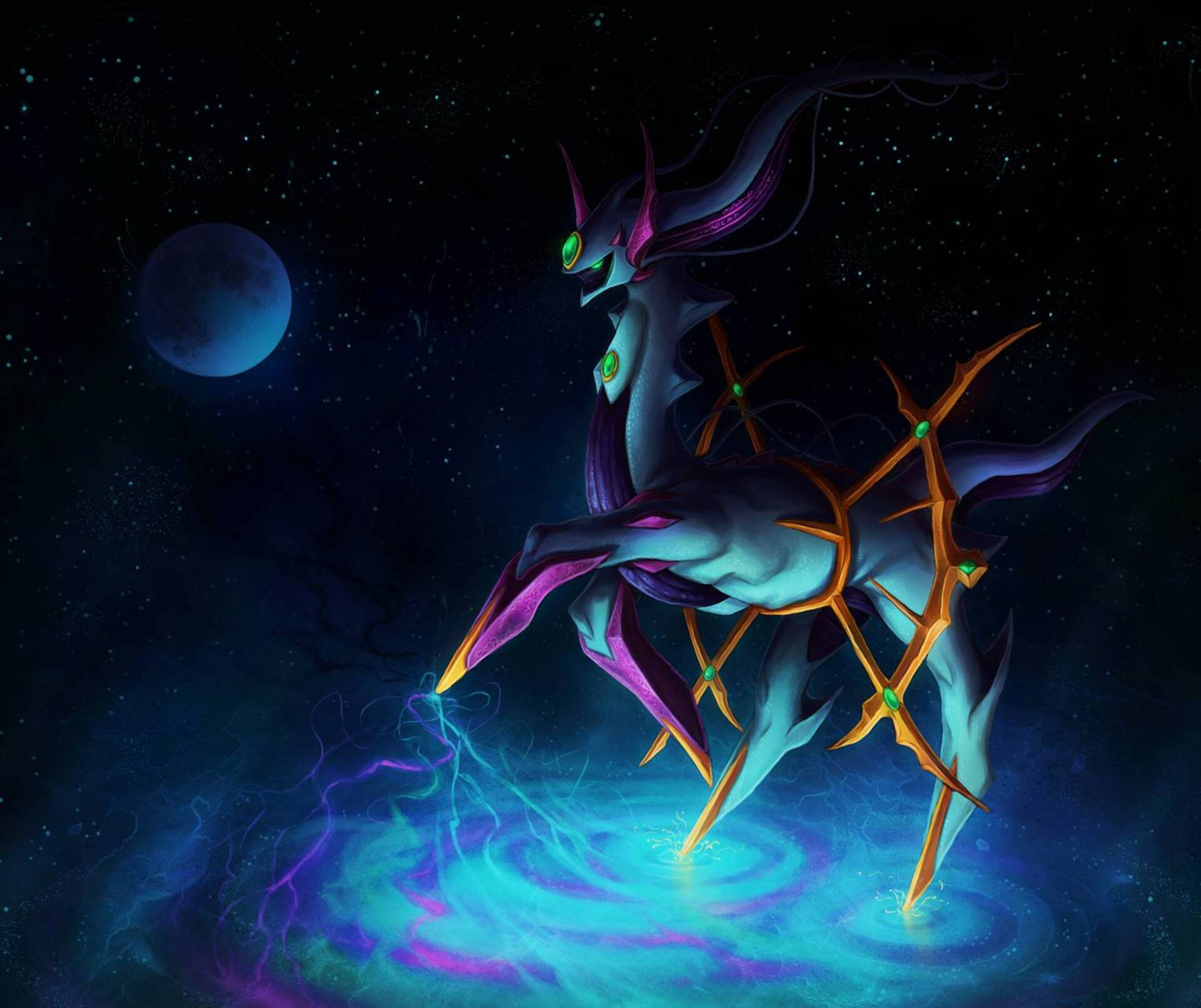 Arceus, glowing green eyes, golden spines, Full HD Desktop Wallpaper