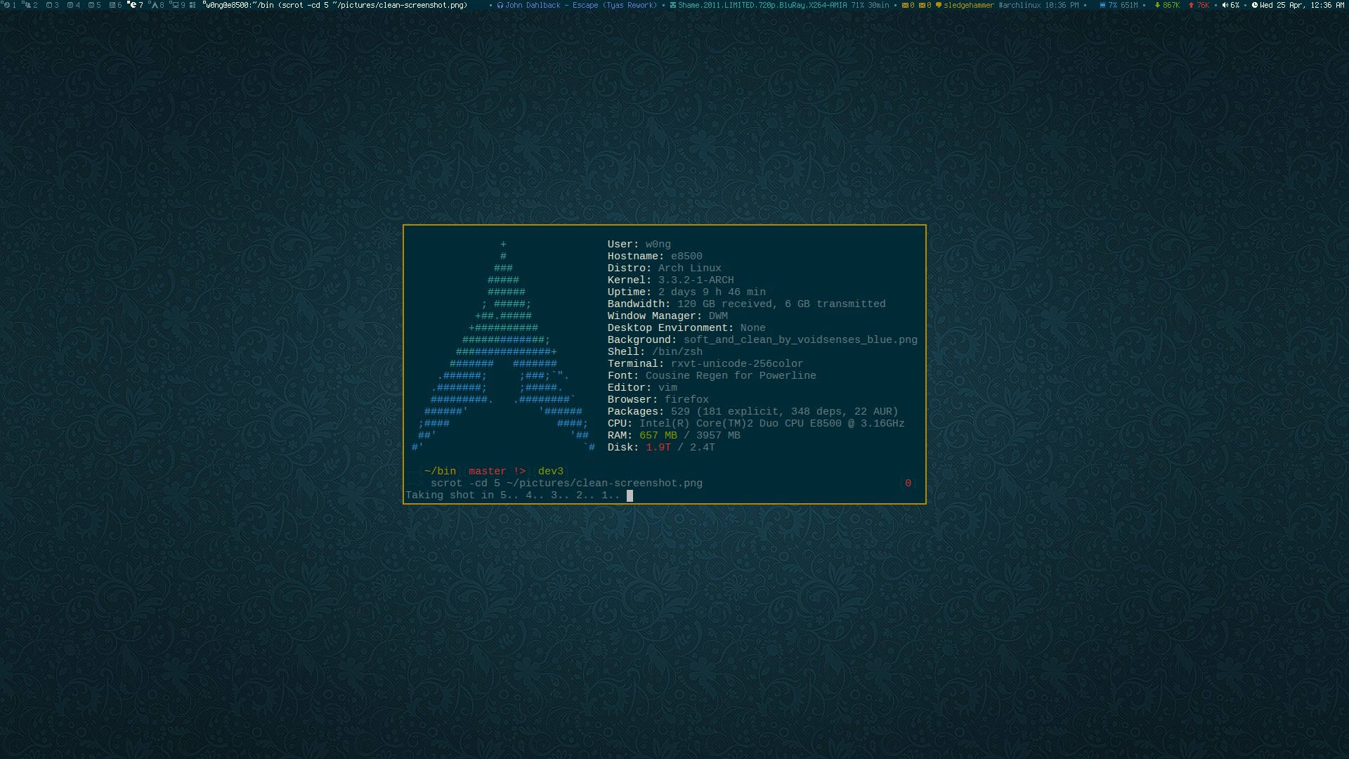 Arch Linux, terminal window, dark teal desktop background, Full HD Desktop Wallpaper