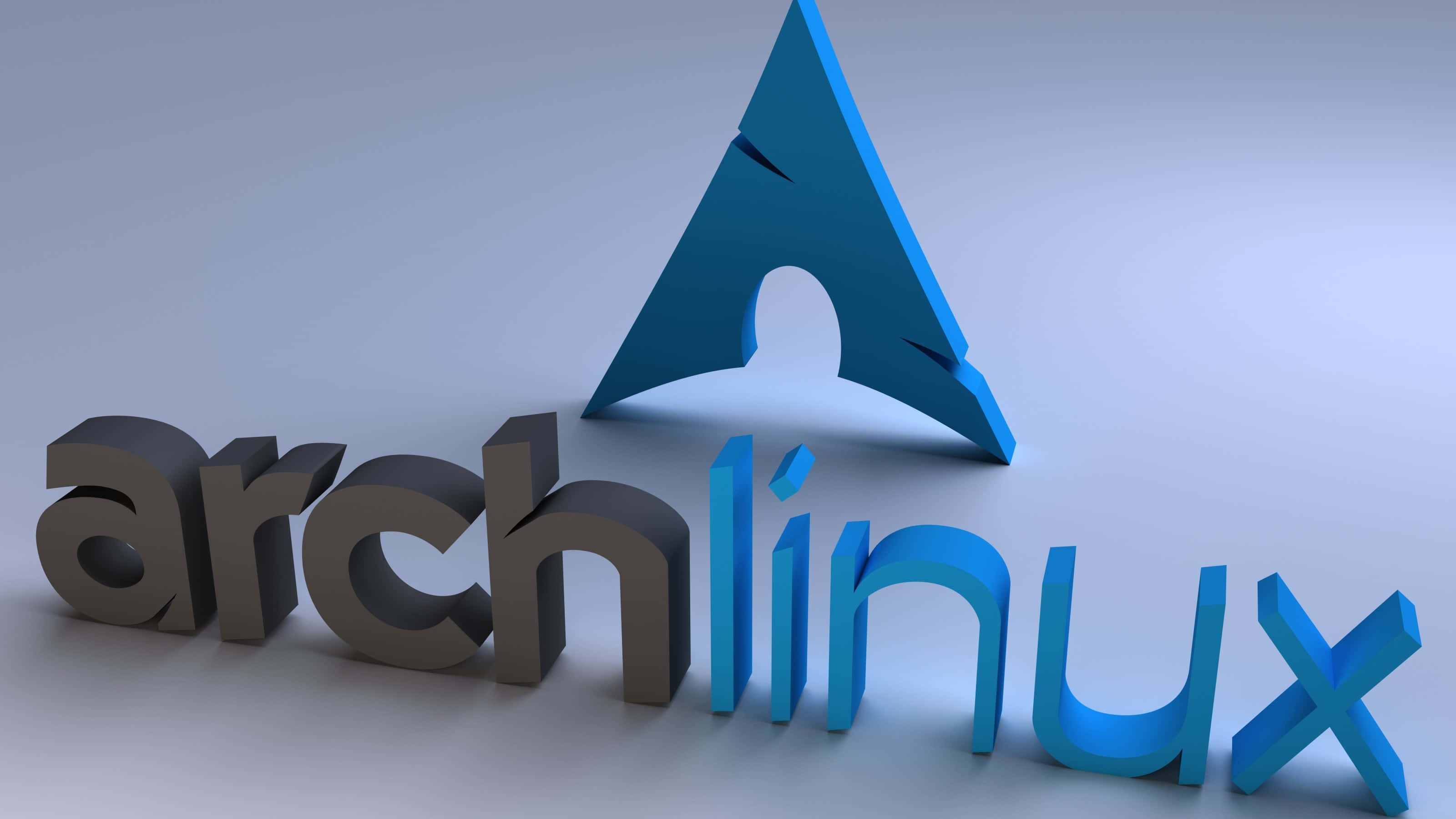 Arch Linux, blue triangular symbol, metallic text, 2K Desktop Wallpaper