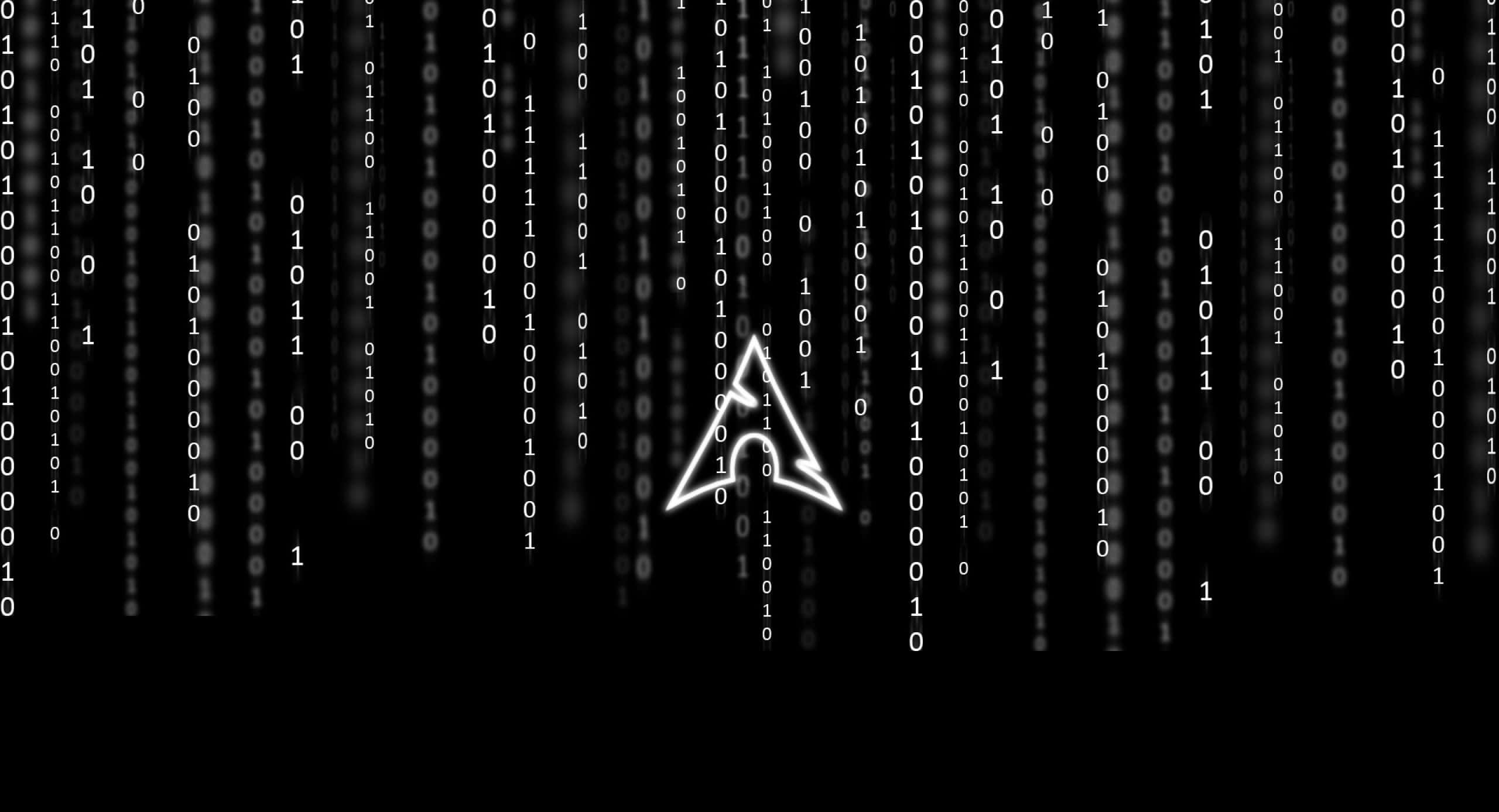 Arch Linux, glowing white triangular logo, falling binary code, 2K Desktop Wallpaper