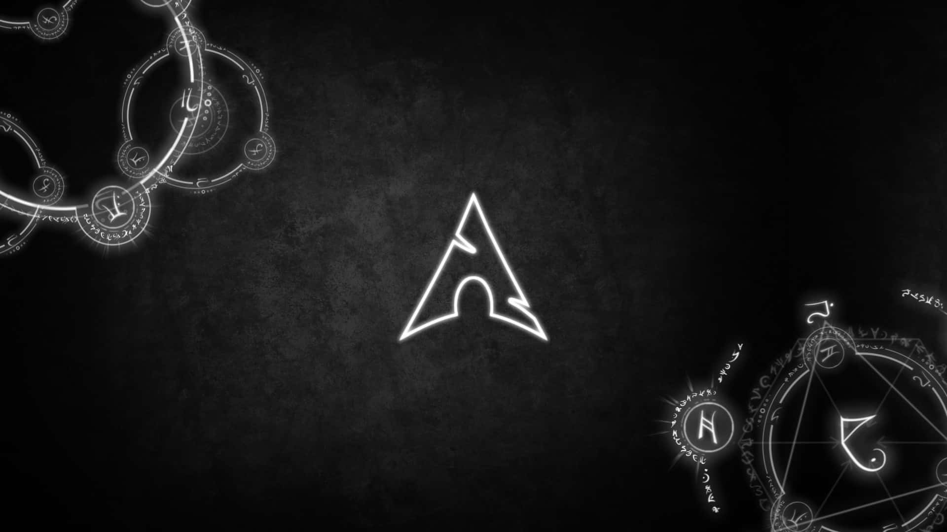 Arch Linux, glowing white triangular symbol, intricate circular sigils, Full HD Desktop Wallpaper
