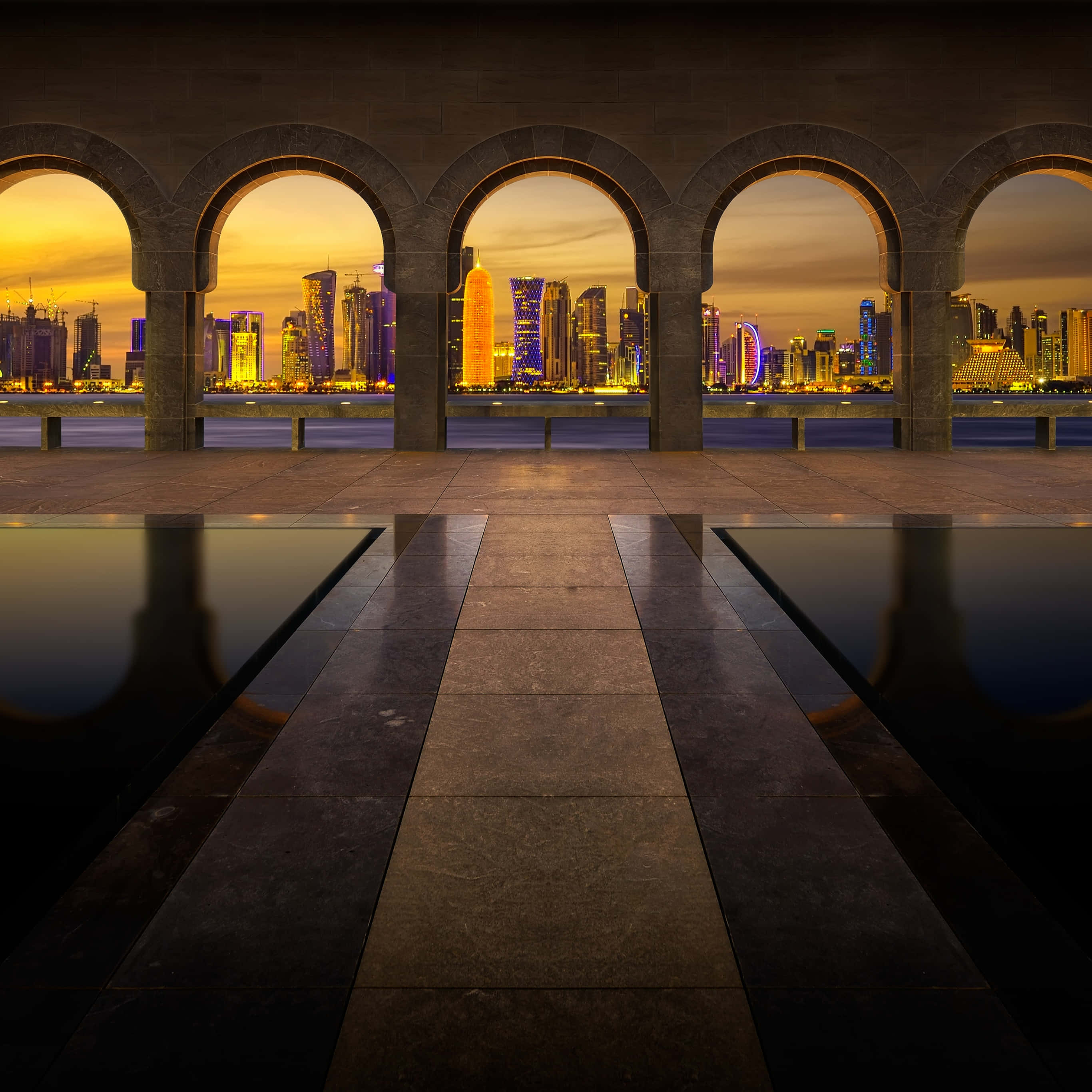 Arch, city skyline, sunset, 2K Desktop Wallpaper