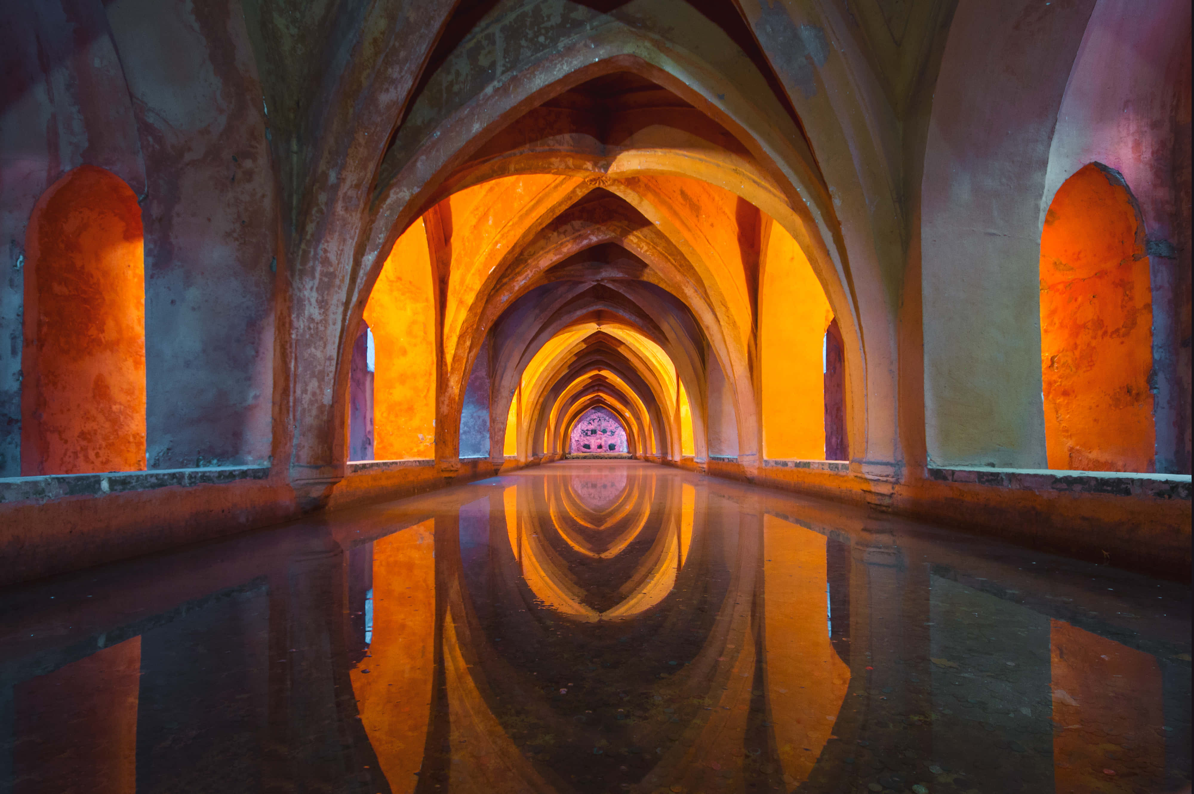arch, stone corridor, warm orange lighting, 4K Desktop Wallpaper