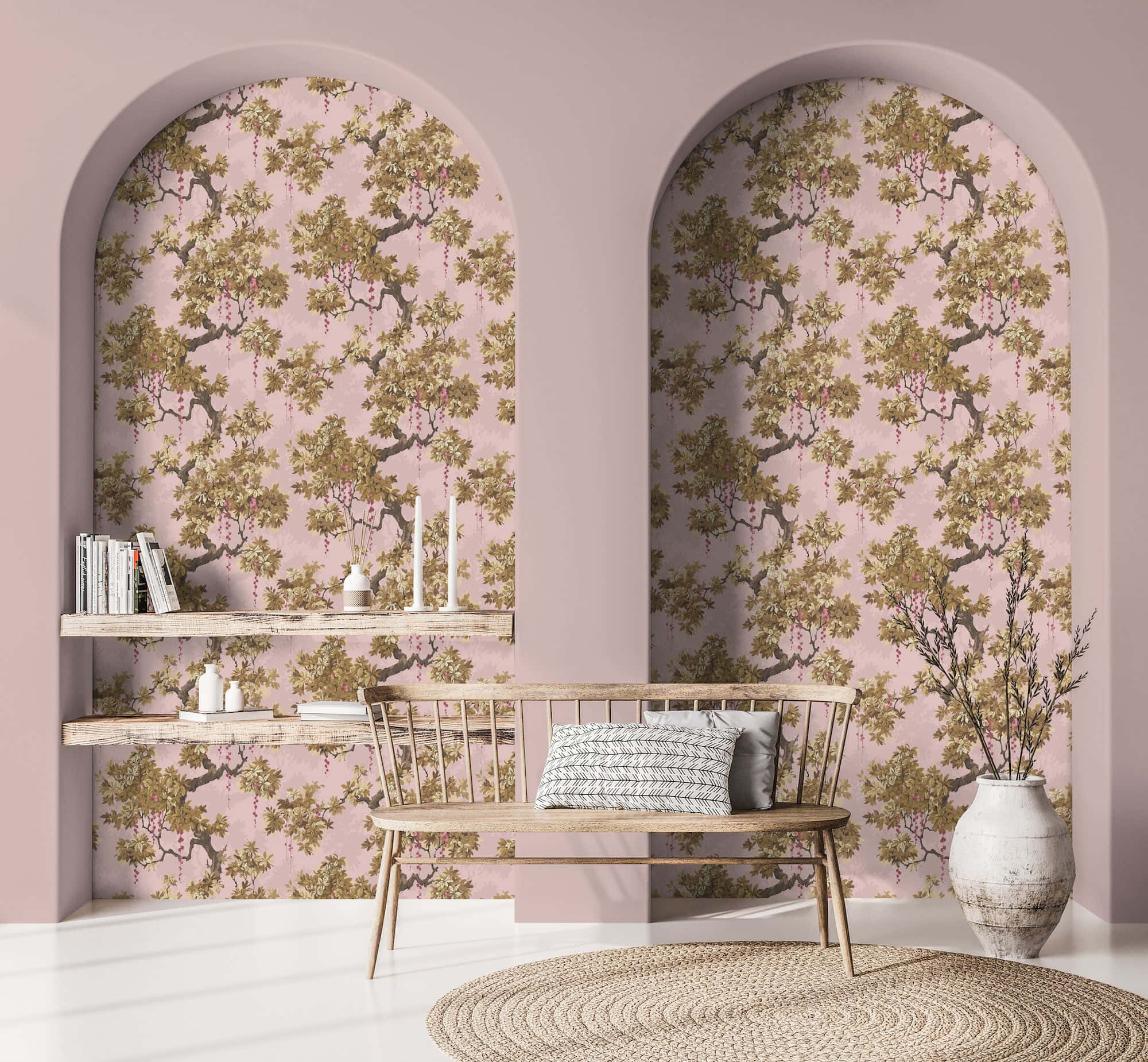 arched alcoves, pink wallpaper, golden tree branches, Full HD Desktop Wallpaper