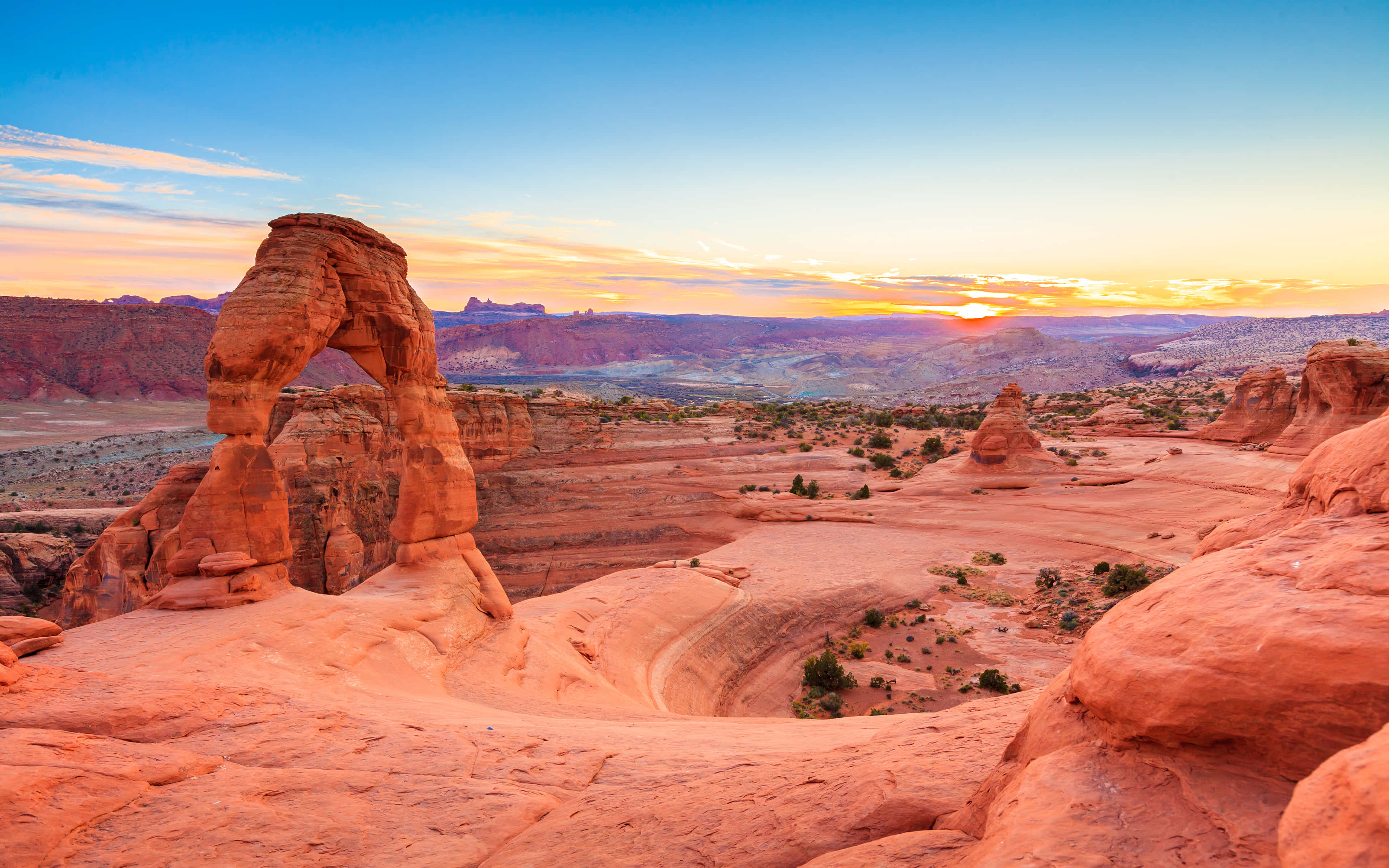 stone arch, red sandstone, sunset, 4K Desktop Wallpaper