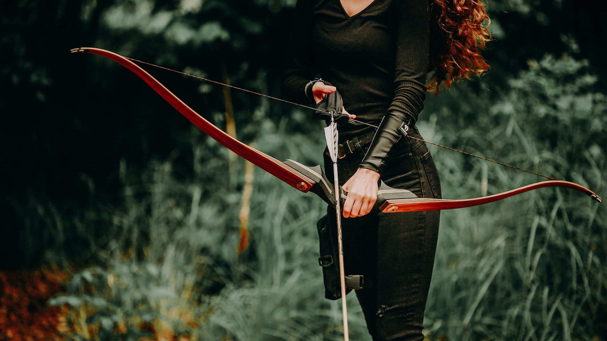 archery, red hair, red bow, Full HD Desktop Wallpaper
