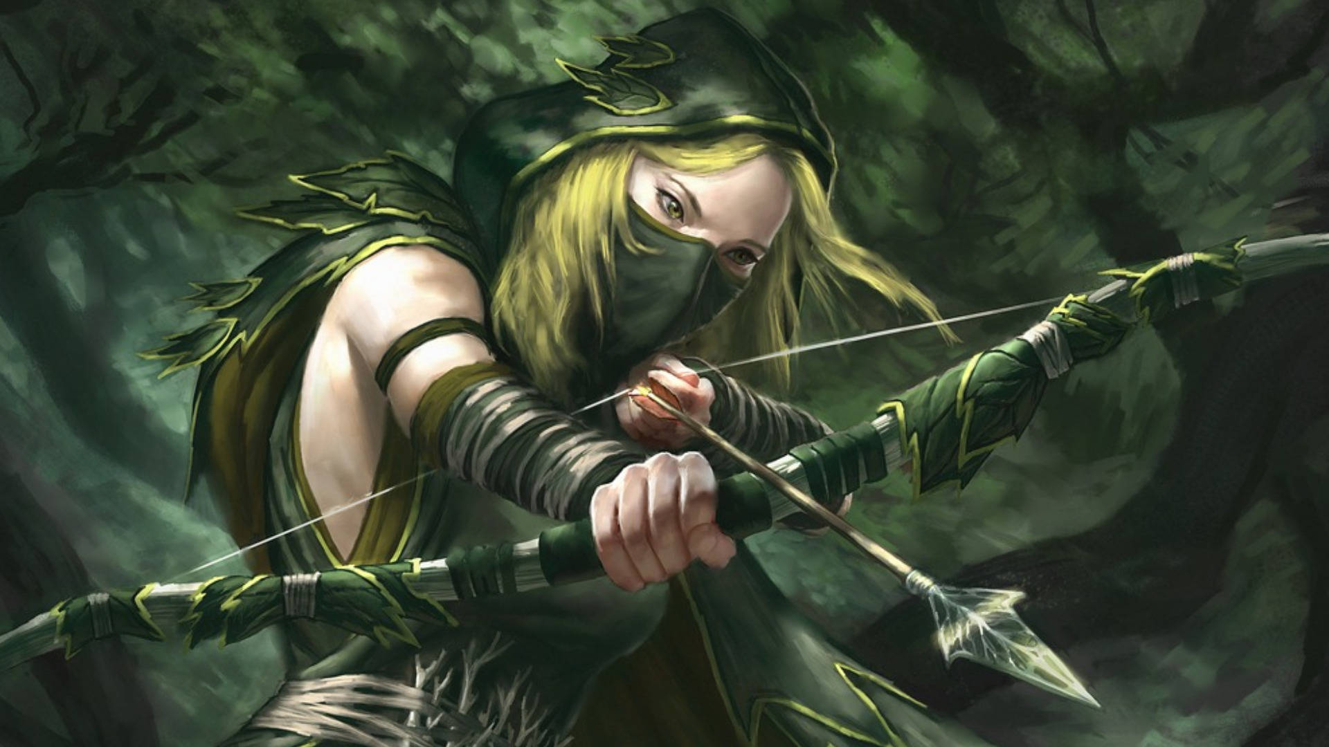 fantasy archery, hooded archer, blonde hair, Full HD Desktop Wallpaper