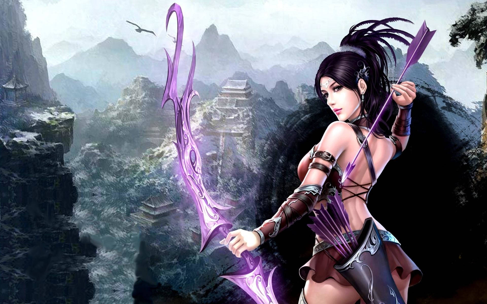 archery, female warrior, purple glowing bow, Full HD Desktop Wallpaper