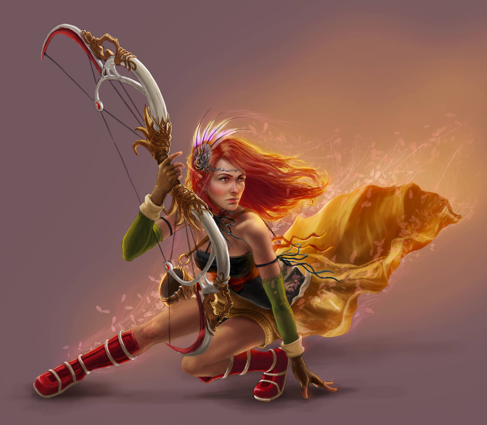 female archery art, fiery-haired archer, ornate gear, Full HD Desktop Wallpaper