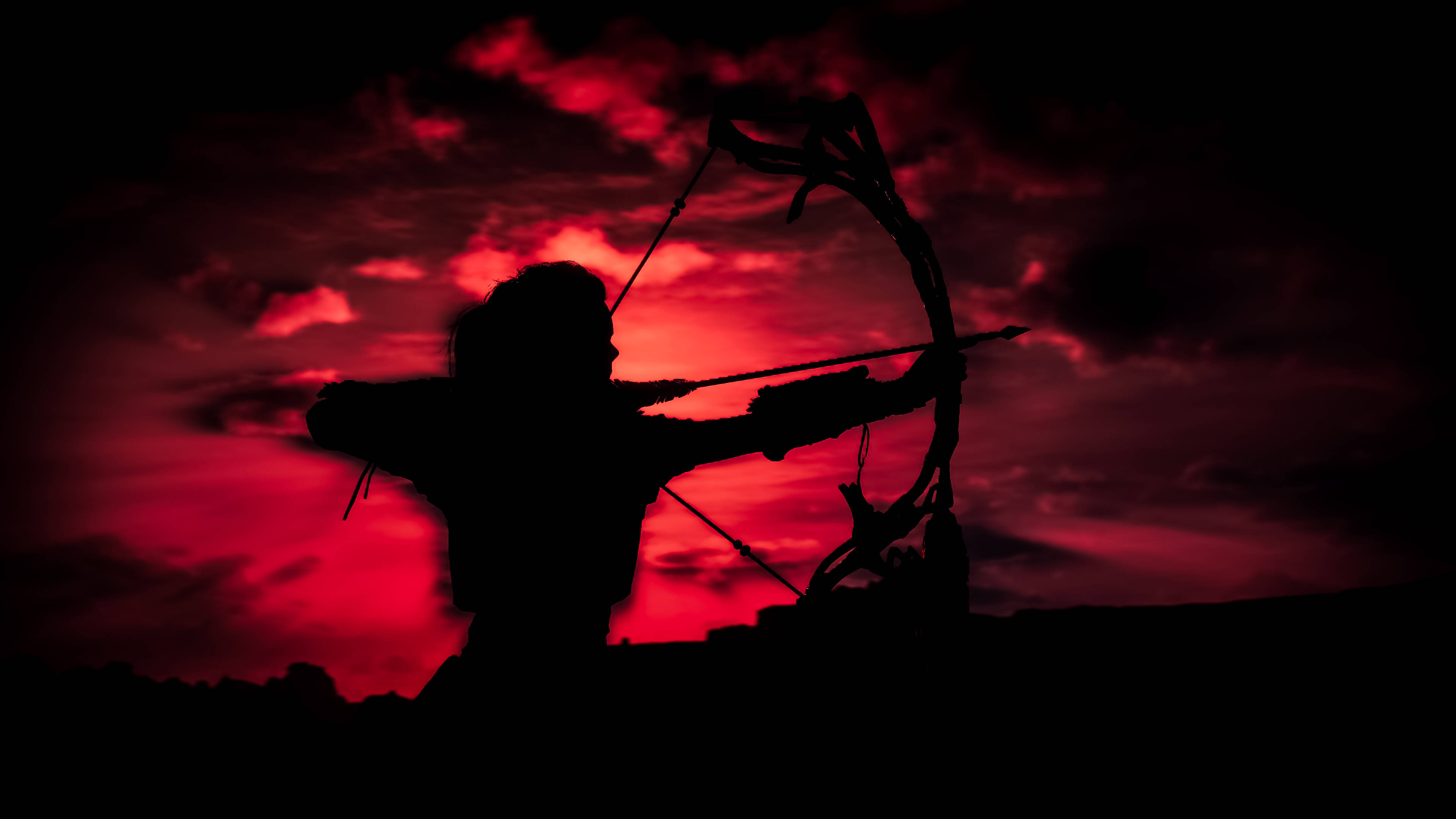 Archery, red silhouette, warrior, 4K Desktop Wallpaper