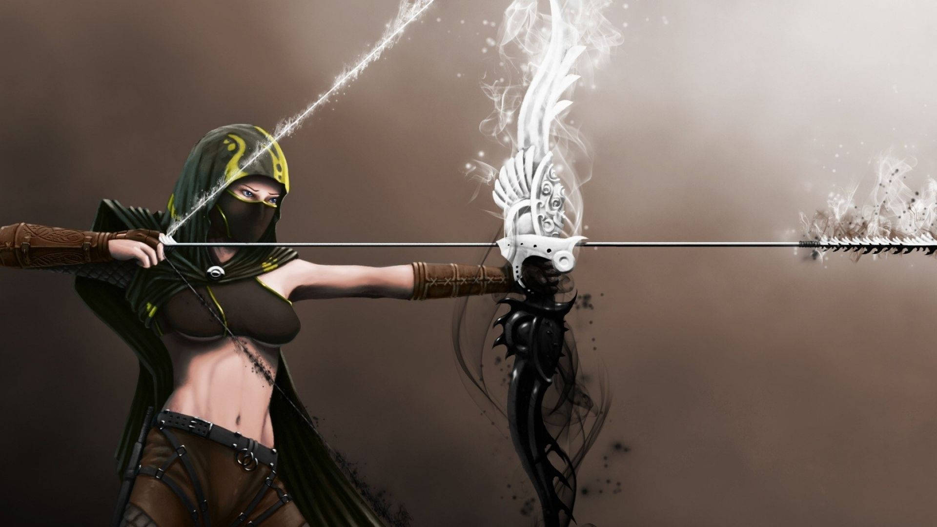 hooded archer, dark green and gold, glowing arrow, Full HD Desktop Wallpaper