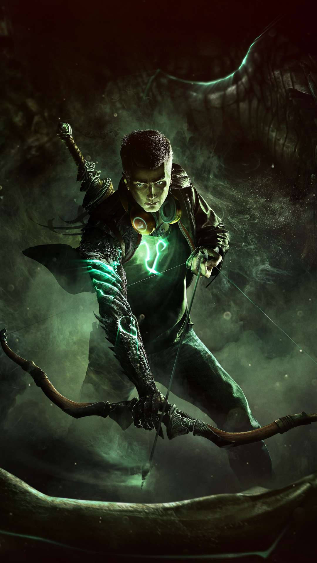 dark fantasy warrior, glowing green runes, misty shadowy forest, Full HD Phone Wallpaper