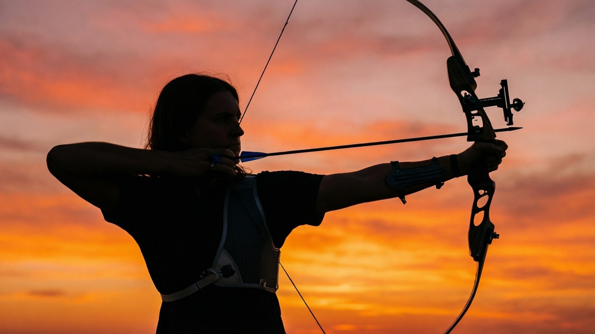 archer, compound bow, fiery orange and pink sunset sky, Full HD Desktop Wallpaper