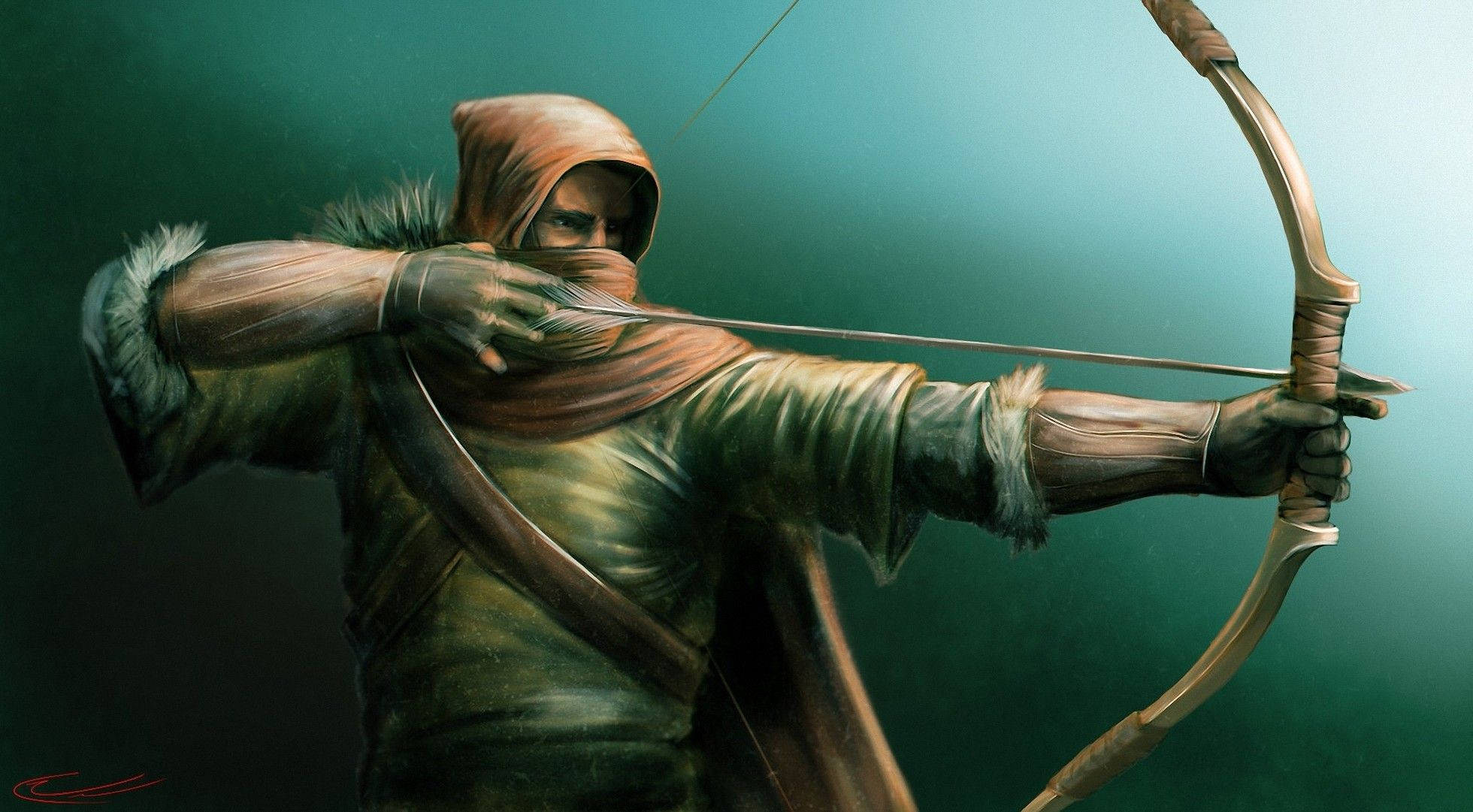 archery, hooded archer, fur-trimmed robes, Full HD Desktop Wallpaper