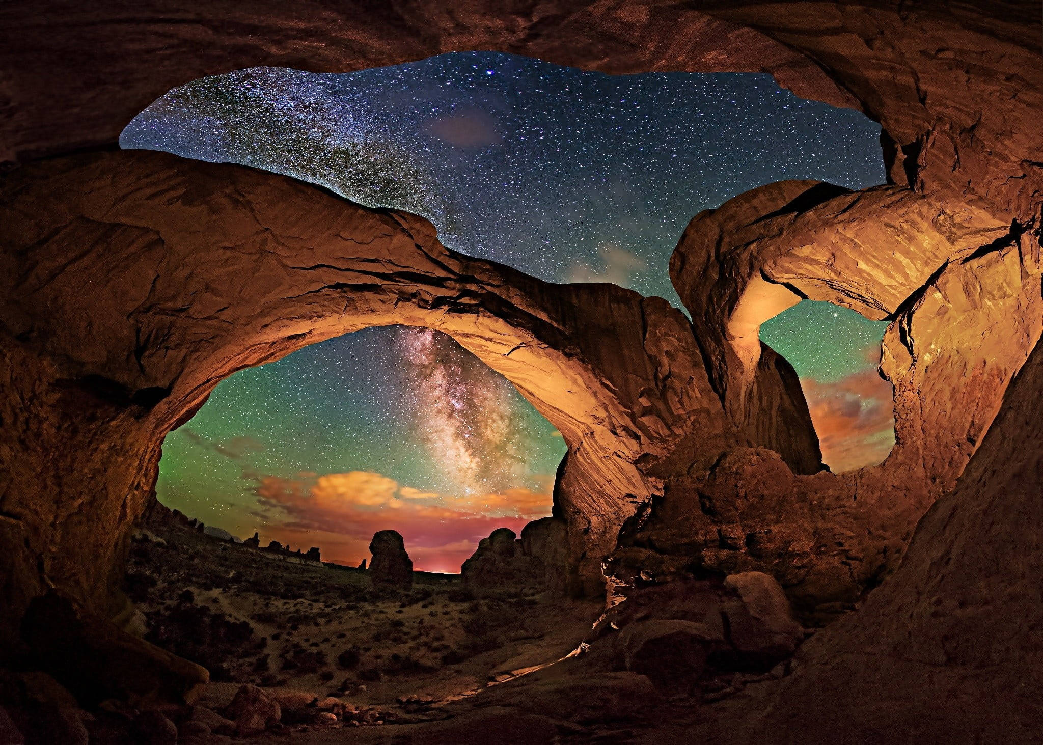 Arches National Park, Milky Way galaxy, desert landscape, Full HD Desktop Wallpaper