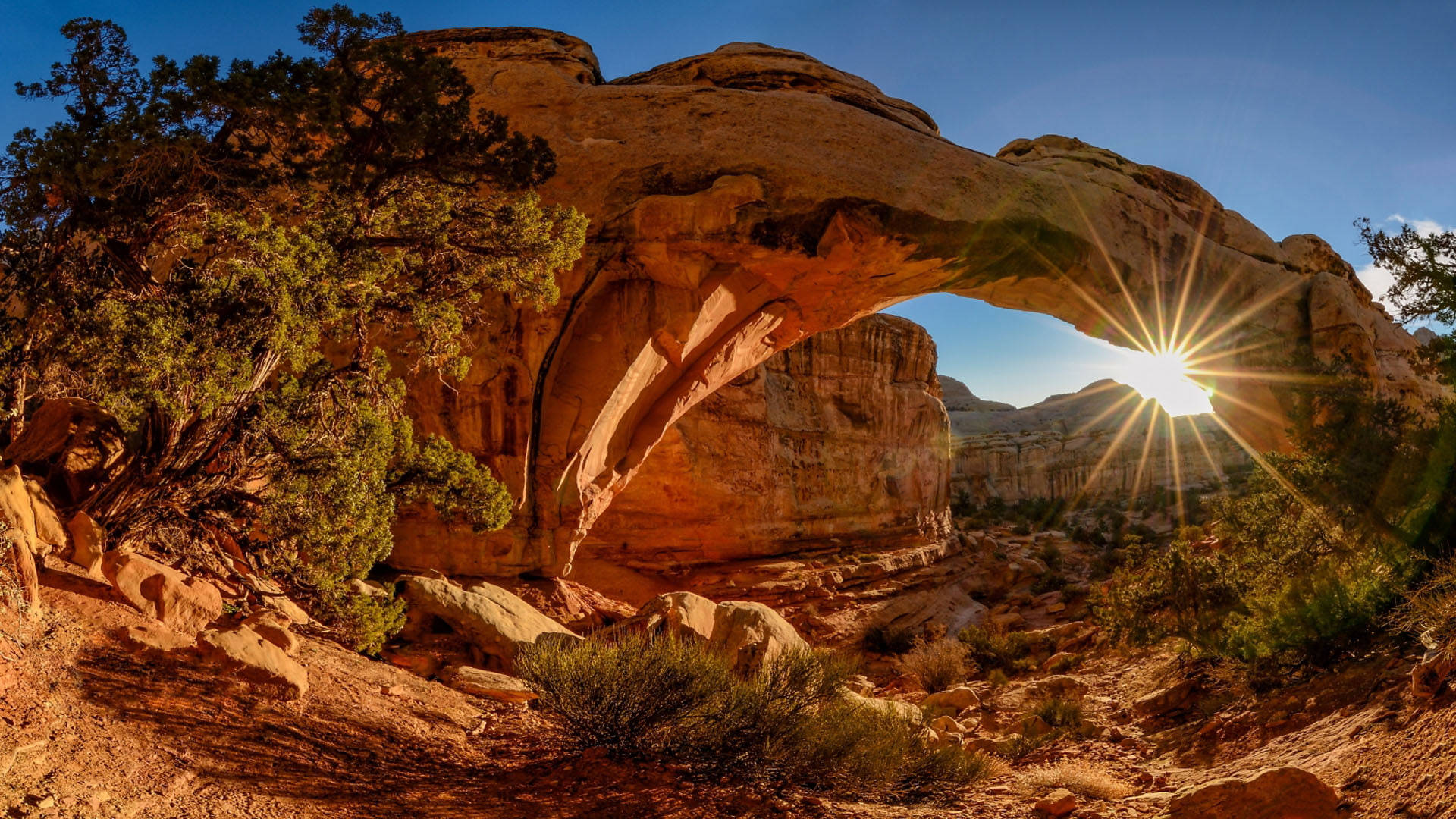 sun peeking at arches national park, Arches National Park, sunburst, Full HD Desktop Wallpaper