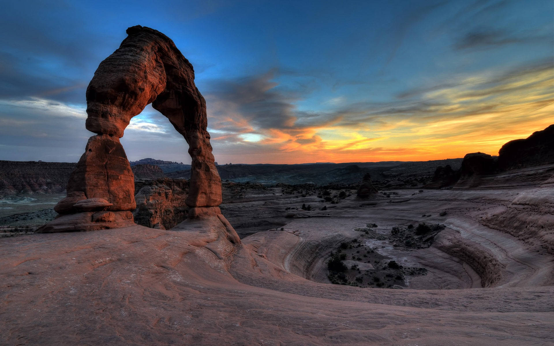 Arches National Park, red sandstone arch, vibrant sunset sky, Full HD Desktop Wallpaper