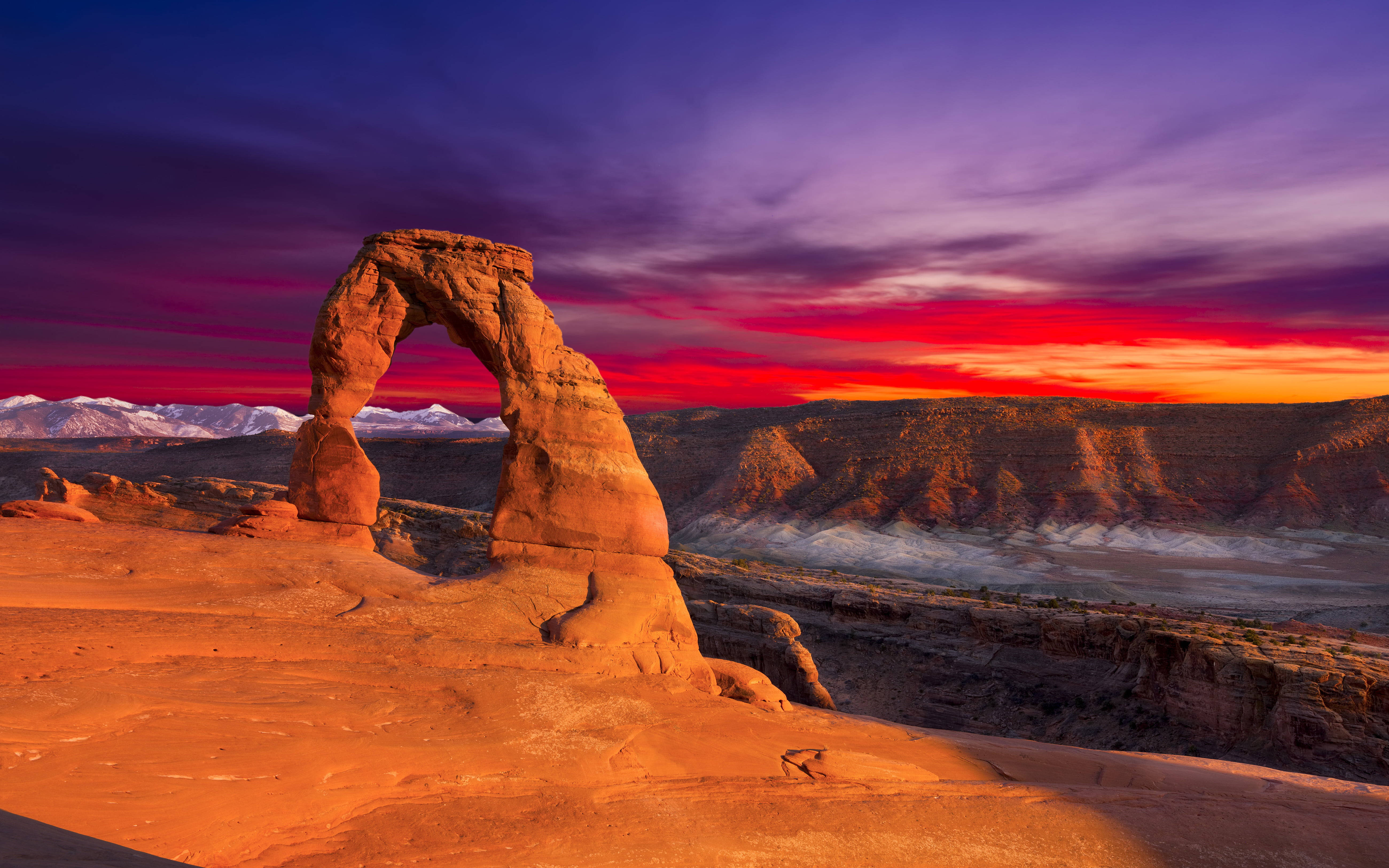 Arches National Park, red sky, fiery sunset sky, 5K Desktop Wallpaper