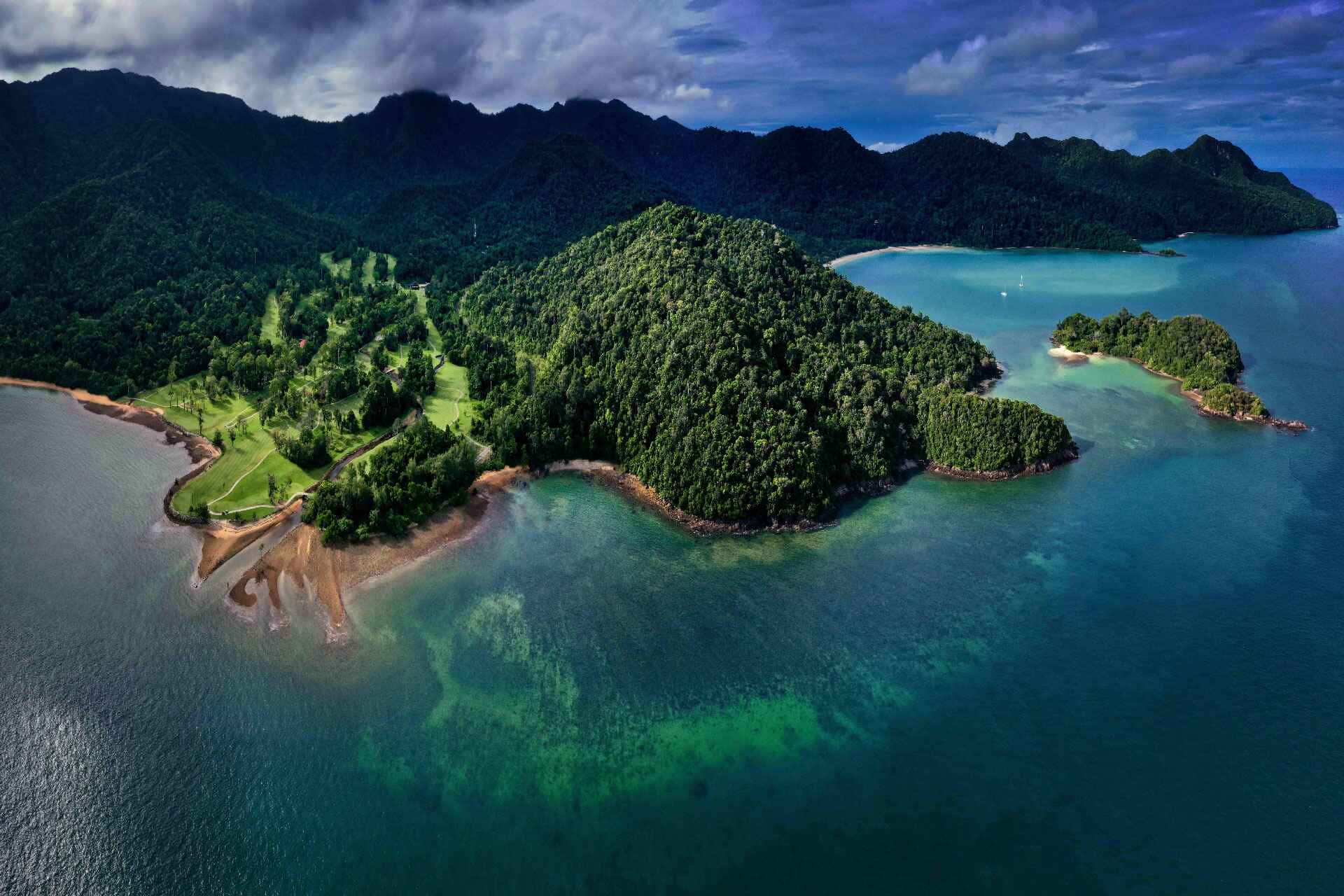 tropical archipelago, aerial view, lush green island, Full HD Desktop Wallpaper