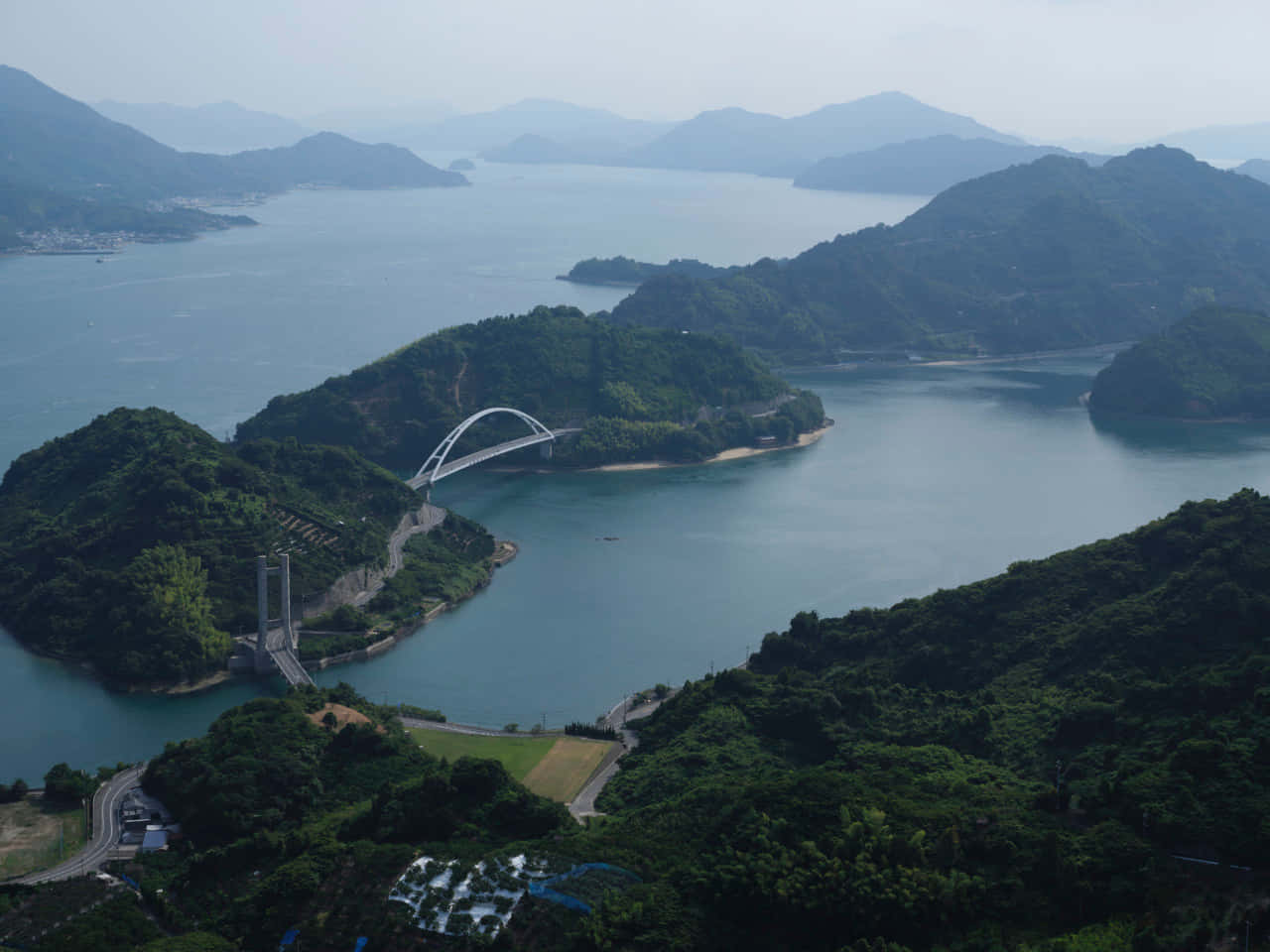 Misty Archipelago, arch bridge, sleek white, HD Desktop Wallpaper