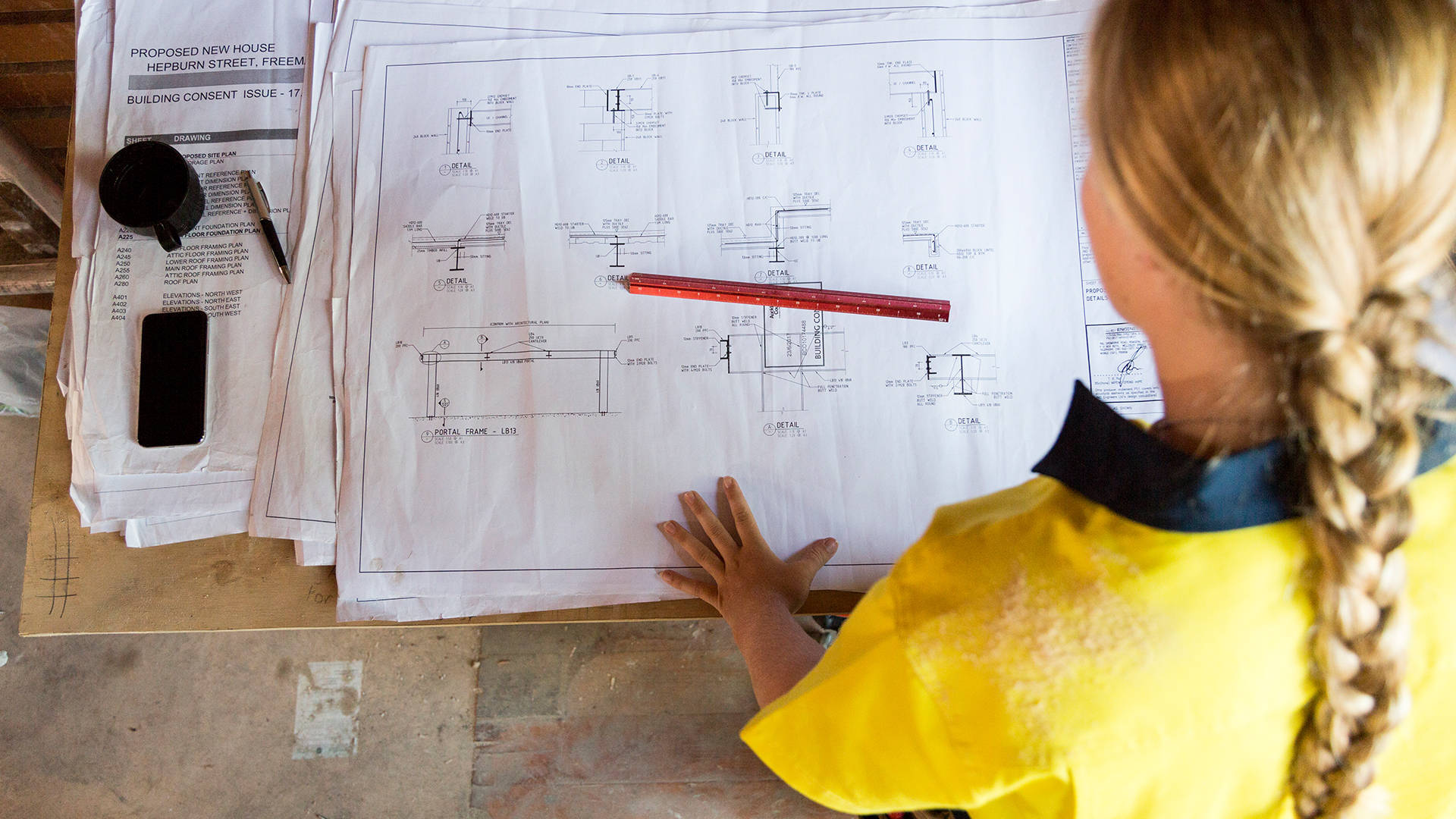 woman architect, yellow shirt, architectural blueprints, Full HD Desktop Wallpaper