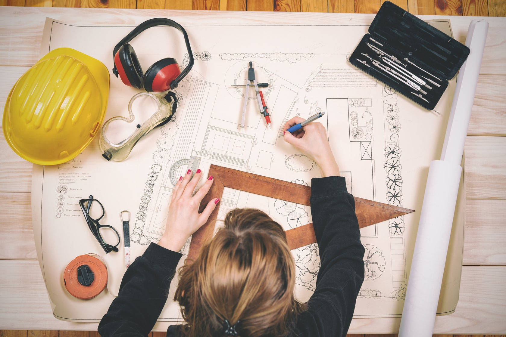 Architect, blueprints, wooden desk, HD Desktop Wallpaper