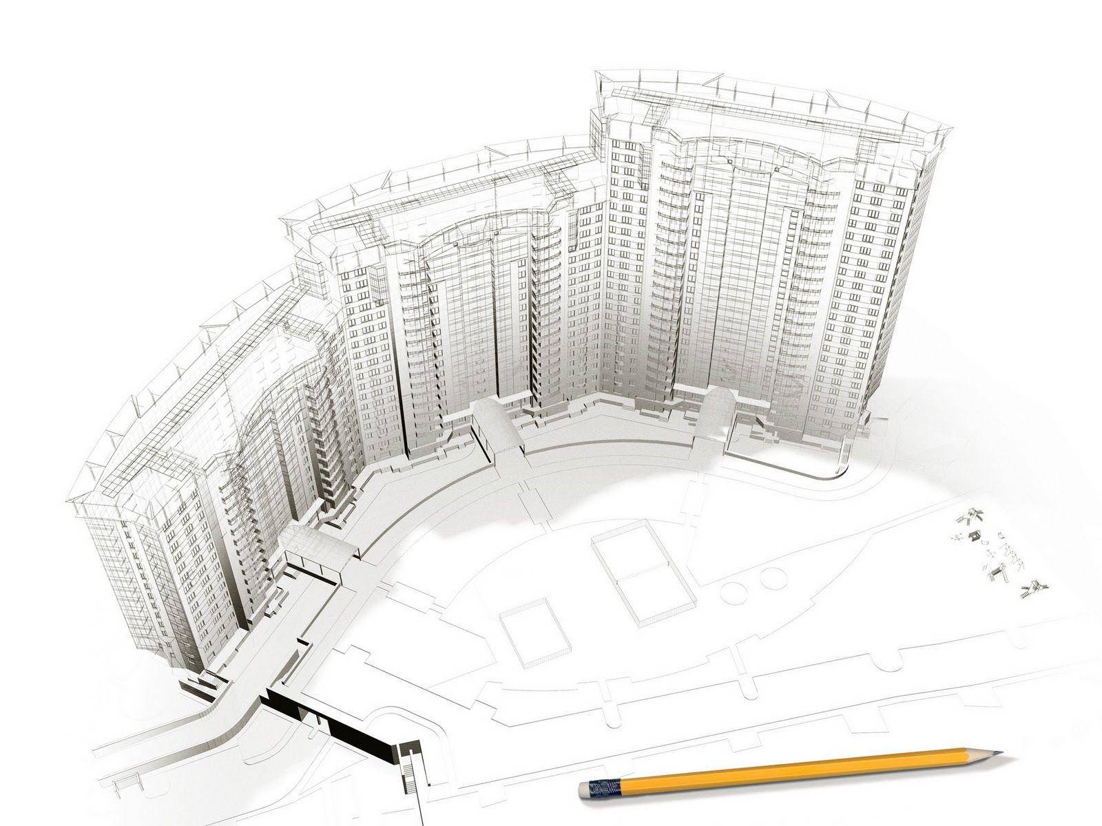 3D wireframe architectural model, curved high-rise complex, yellow pencil, HD Desktop Wallpaper