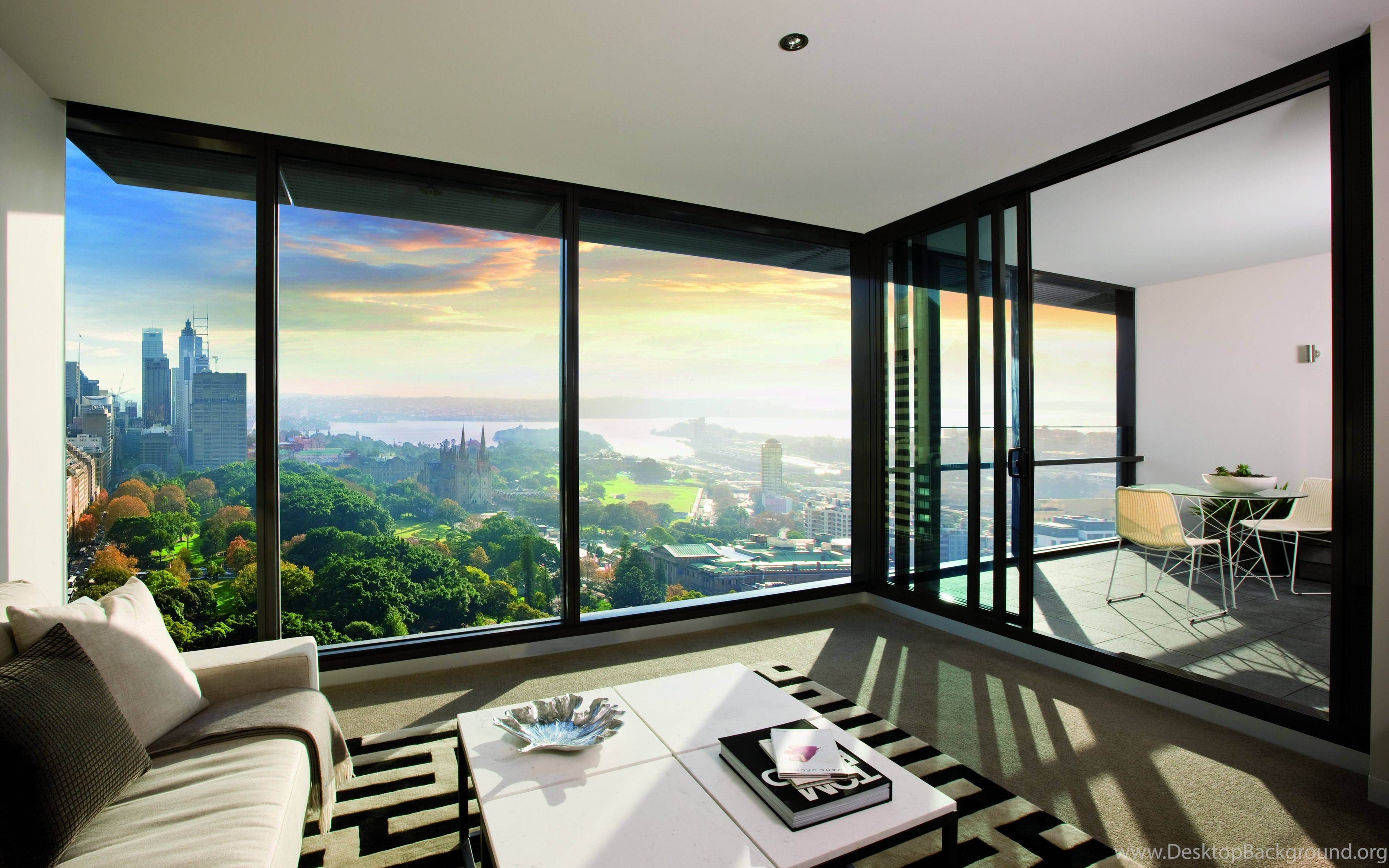 modern living room, floor-to-ceiling windows, vibrant cityscape, 4K Desktop Wallpaper