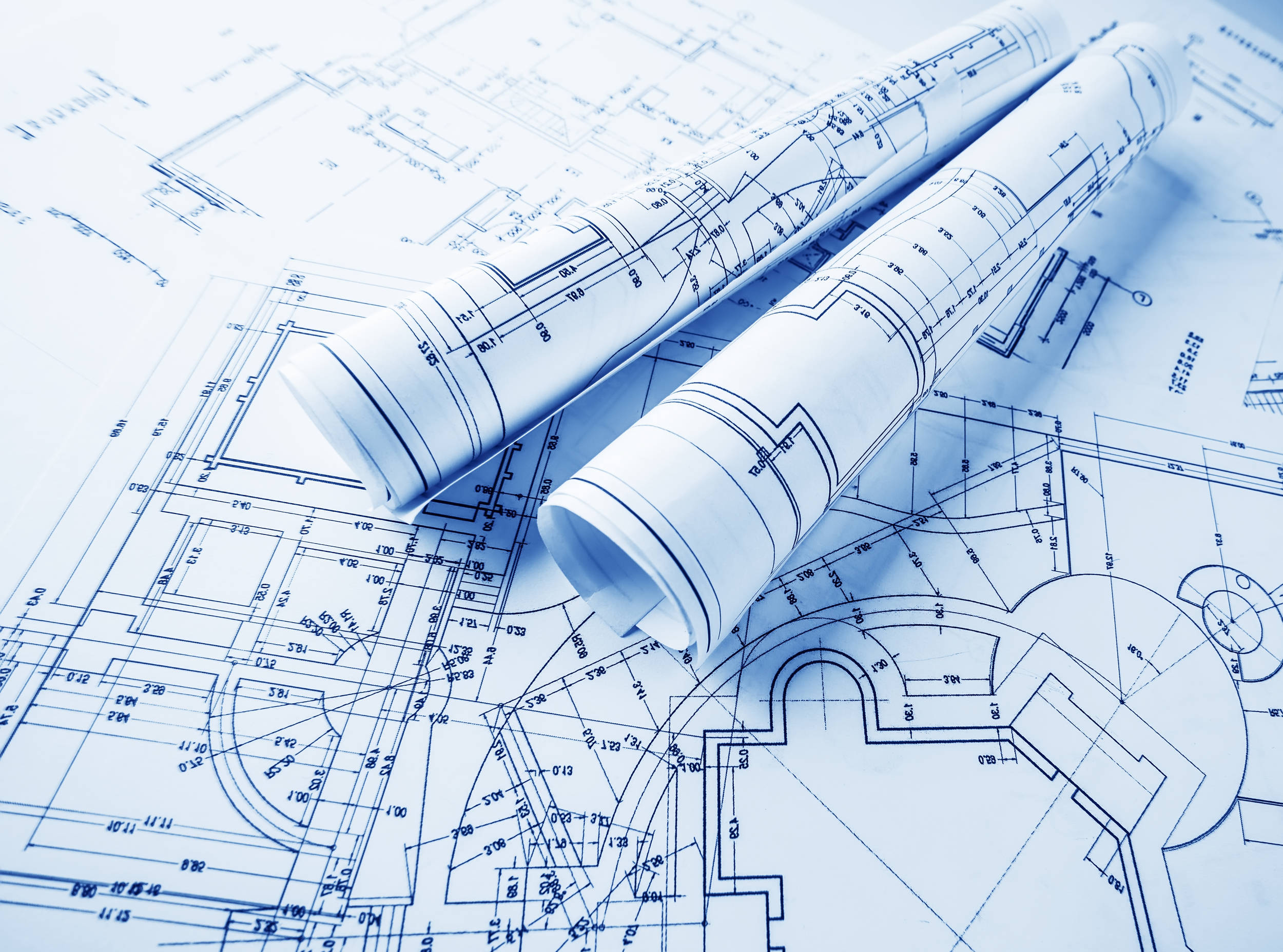 Architect, blue-tinted architectural blueprints, rolled plans, Full HD Desktop Wallpaper