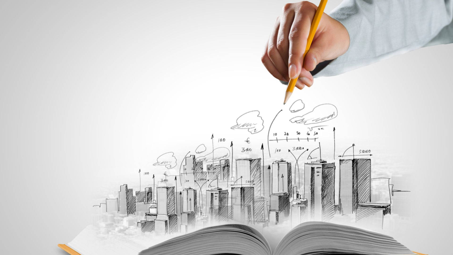 Architect Designer Landscape Sketch, yellow pencil, open book, Full HD Desktop Wallpaper