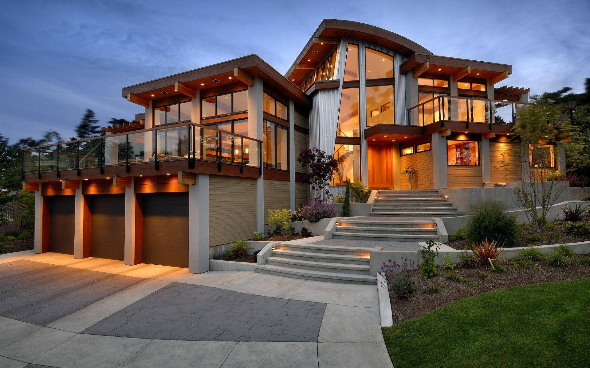modern architectural home, warm interior lights, large glass windows, Full HD Desktop Wallpaper