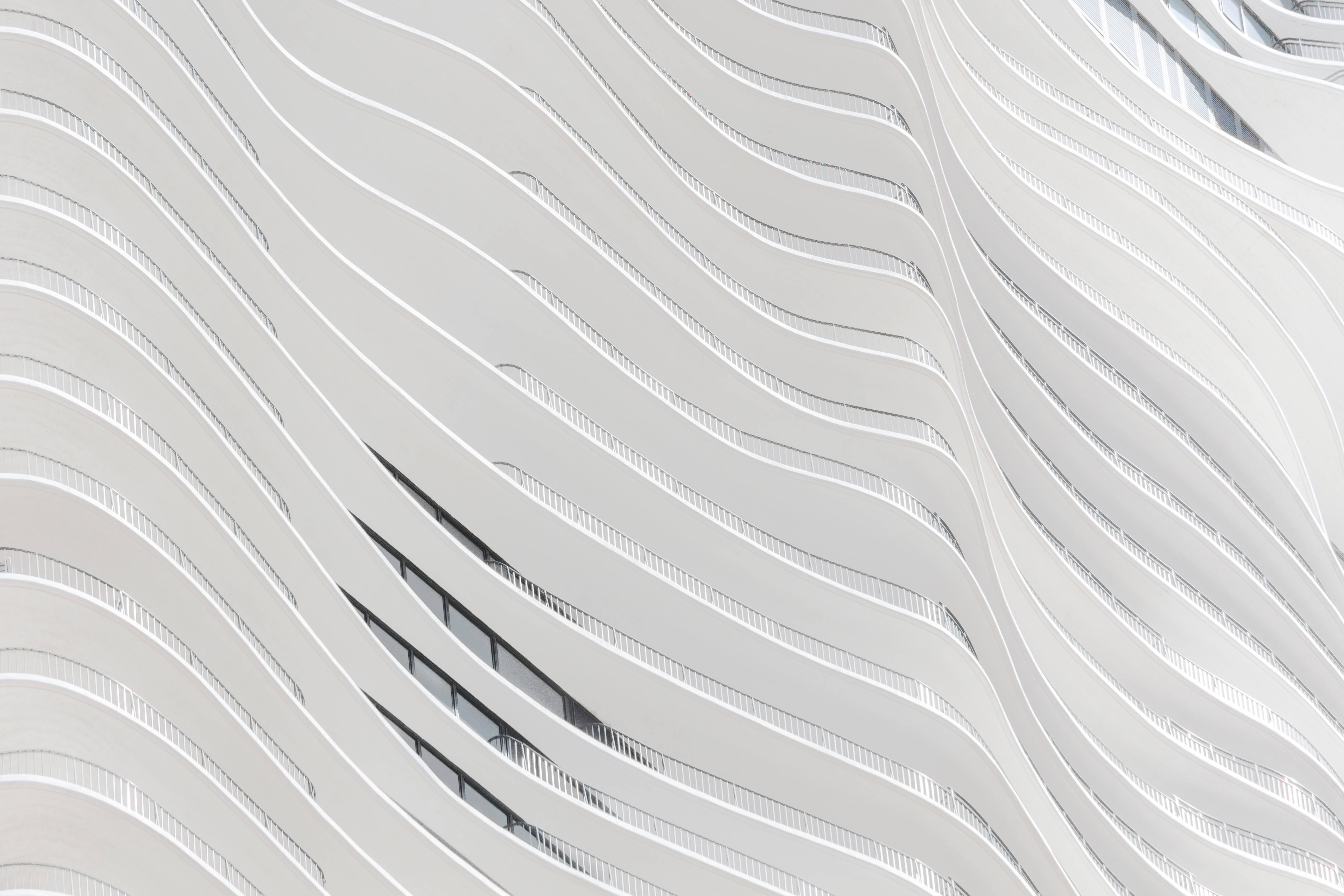white, abstract building, curved balconies, 5K Desktop Wallpaper