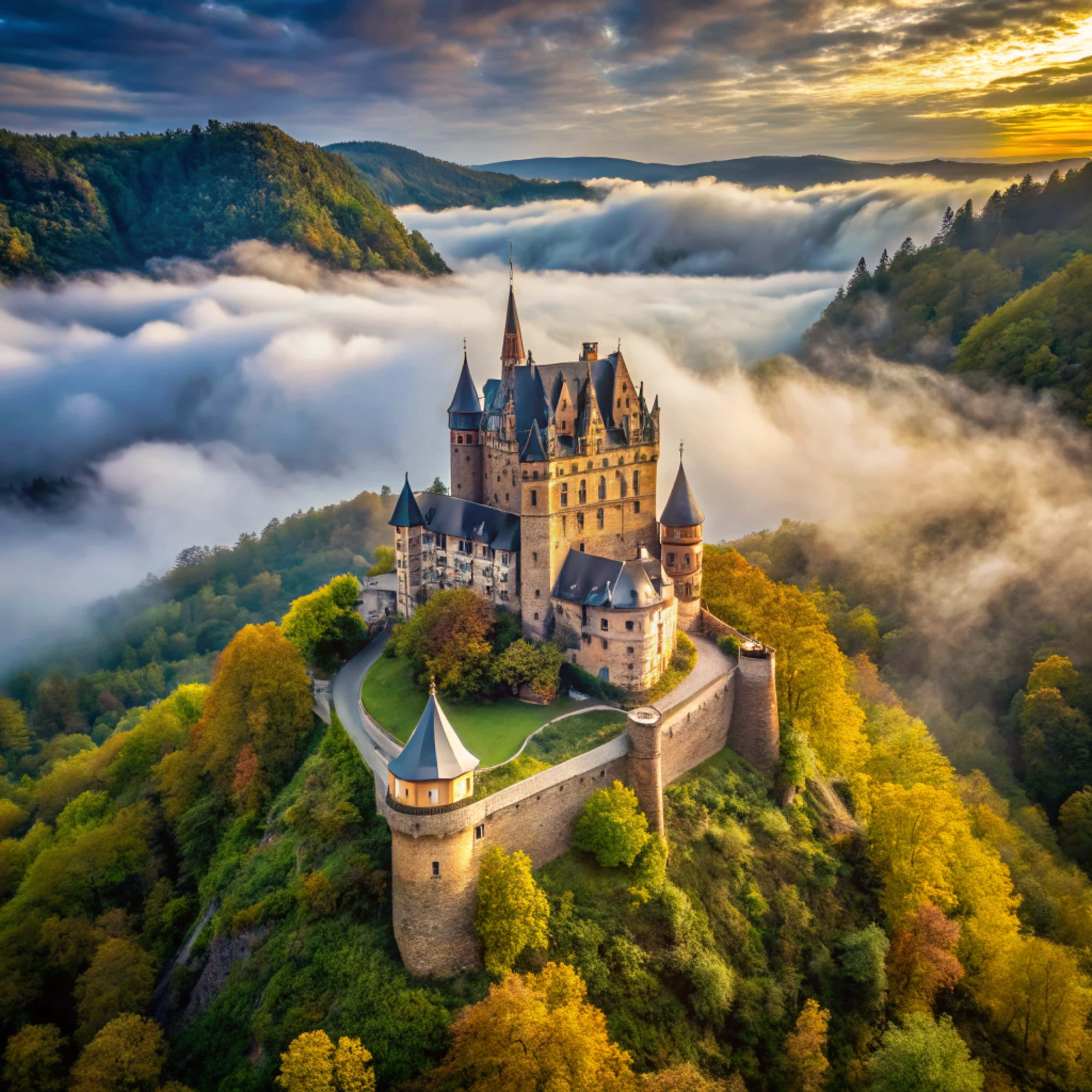 medieval castle, forested hill, sea of clouds, 4K Desktop Wallpaper