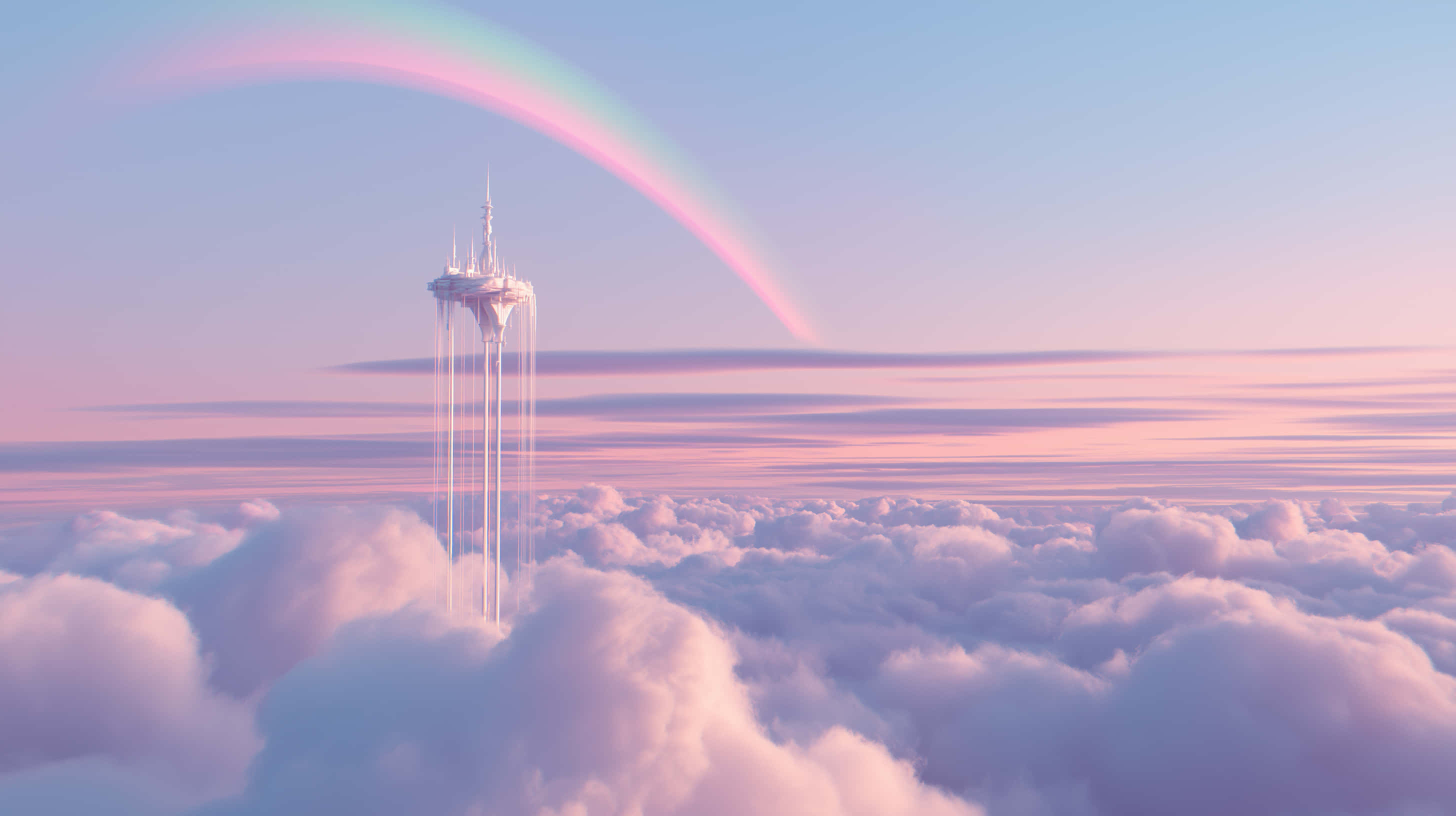 minimalist sky tower, fluffy clouds, soft pink and blue sky, 2K Desktop Wallpaper