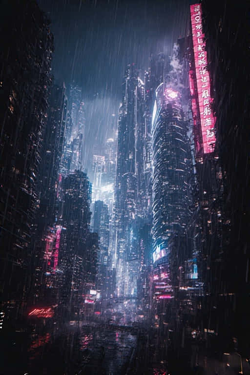 neon-lit cyberpunk cityscape, towering skyscrapers, blue and pink hues, SD Phone Wallpaper