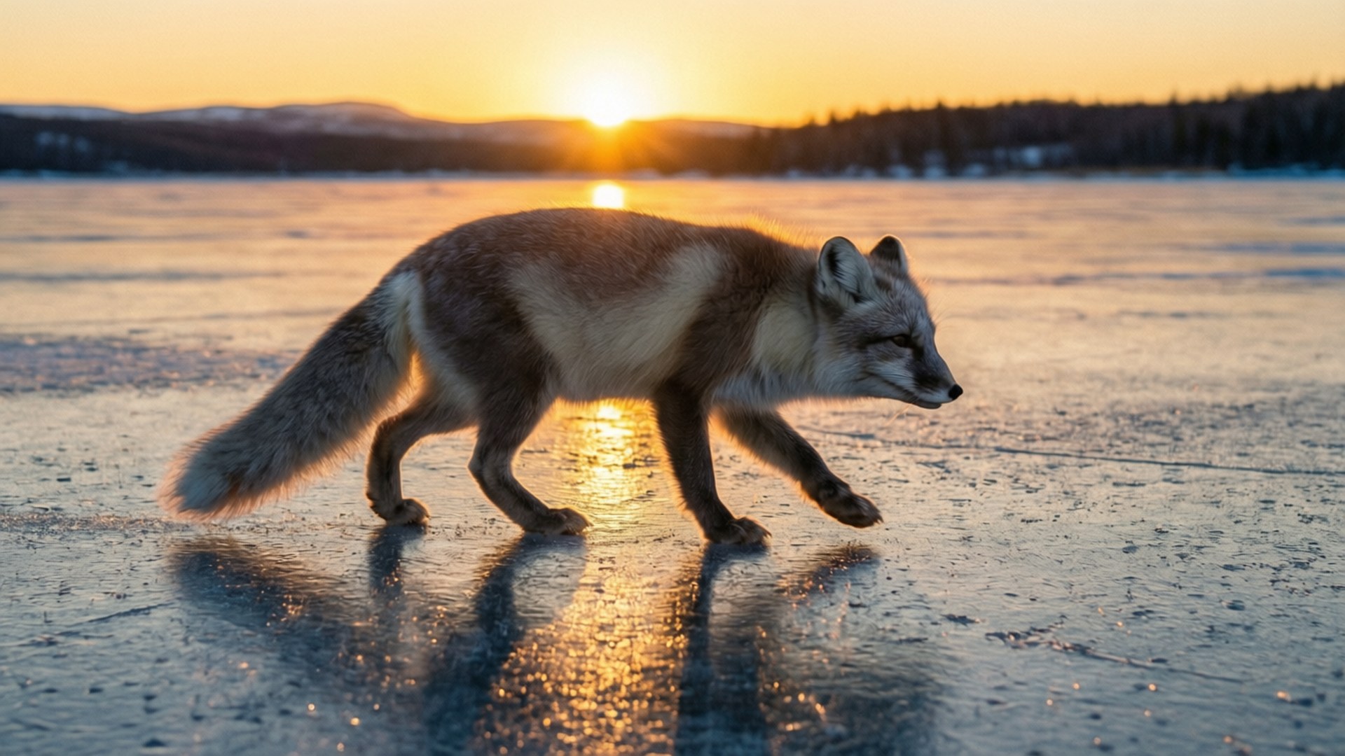 sunset, frozen lake, golden light, Full HD Desktop Wallpaper