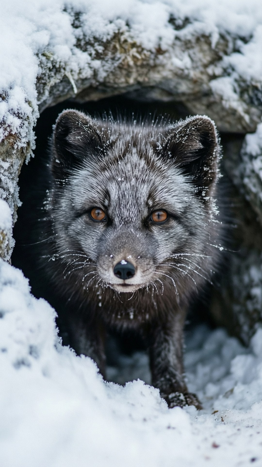 silver fox, amber eyes, snow-covered rocky den entrance, Full HD Phone Wallpaper