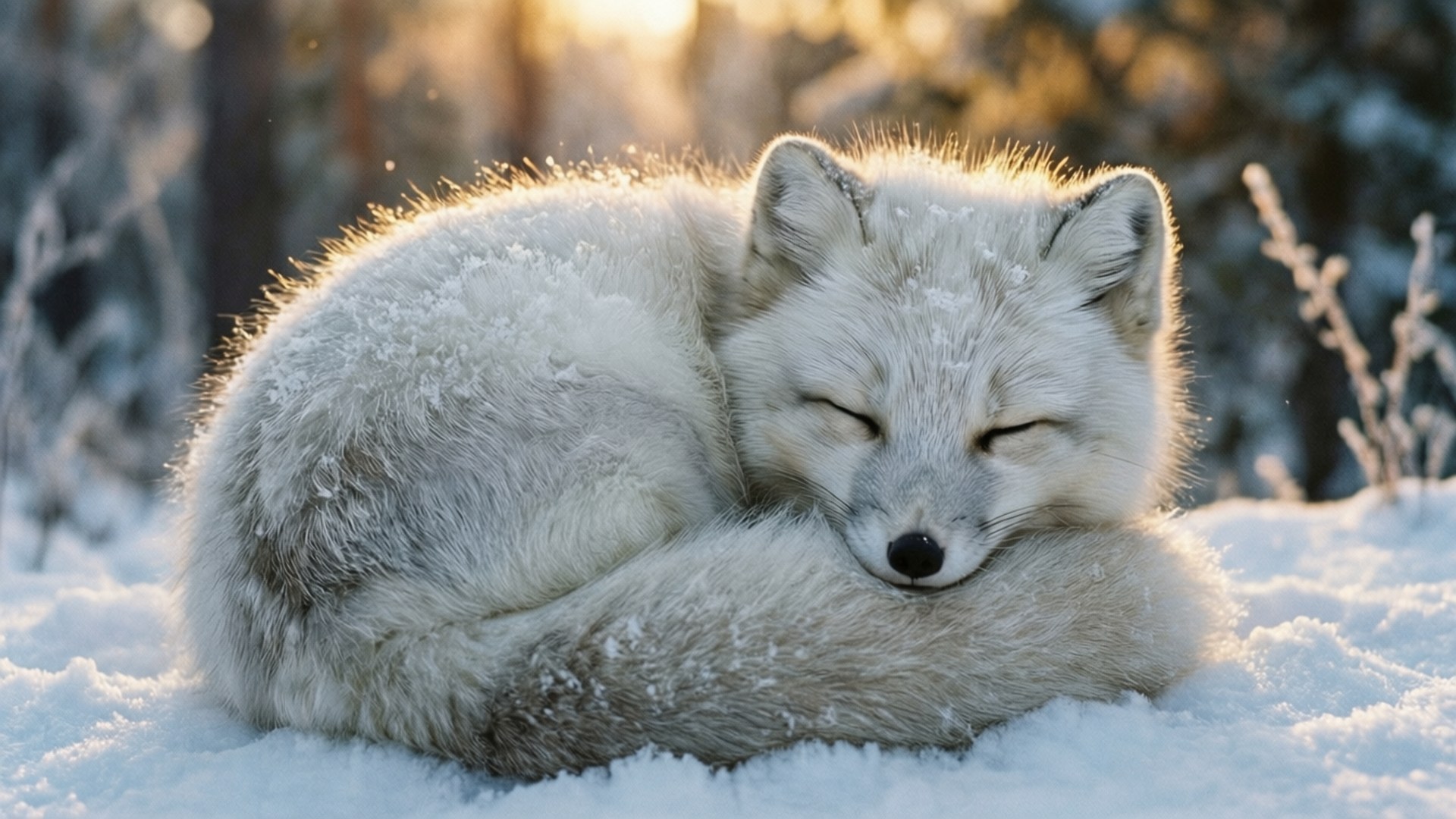 sleeping snowball, white fox, golden sunlight, Full HD Desktop Wallpaper