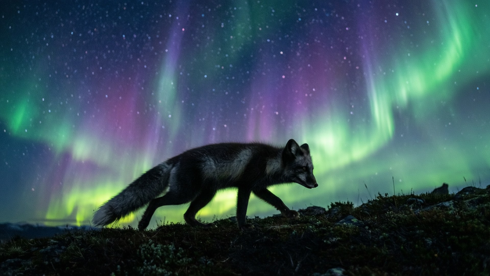 Aurora Fox, aurora borealis, mossy hill, Full HD Desktop Wallpaper