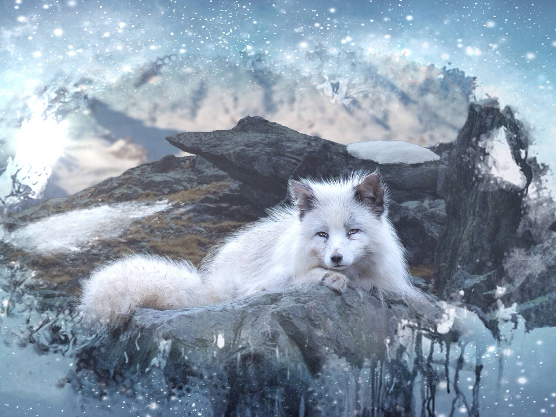 Arctic fox, icy rocks, snowy sky, Full HD Desktop Wallpaper