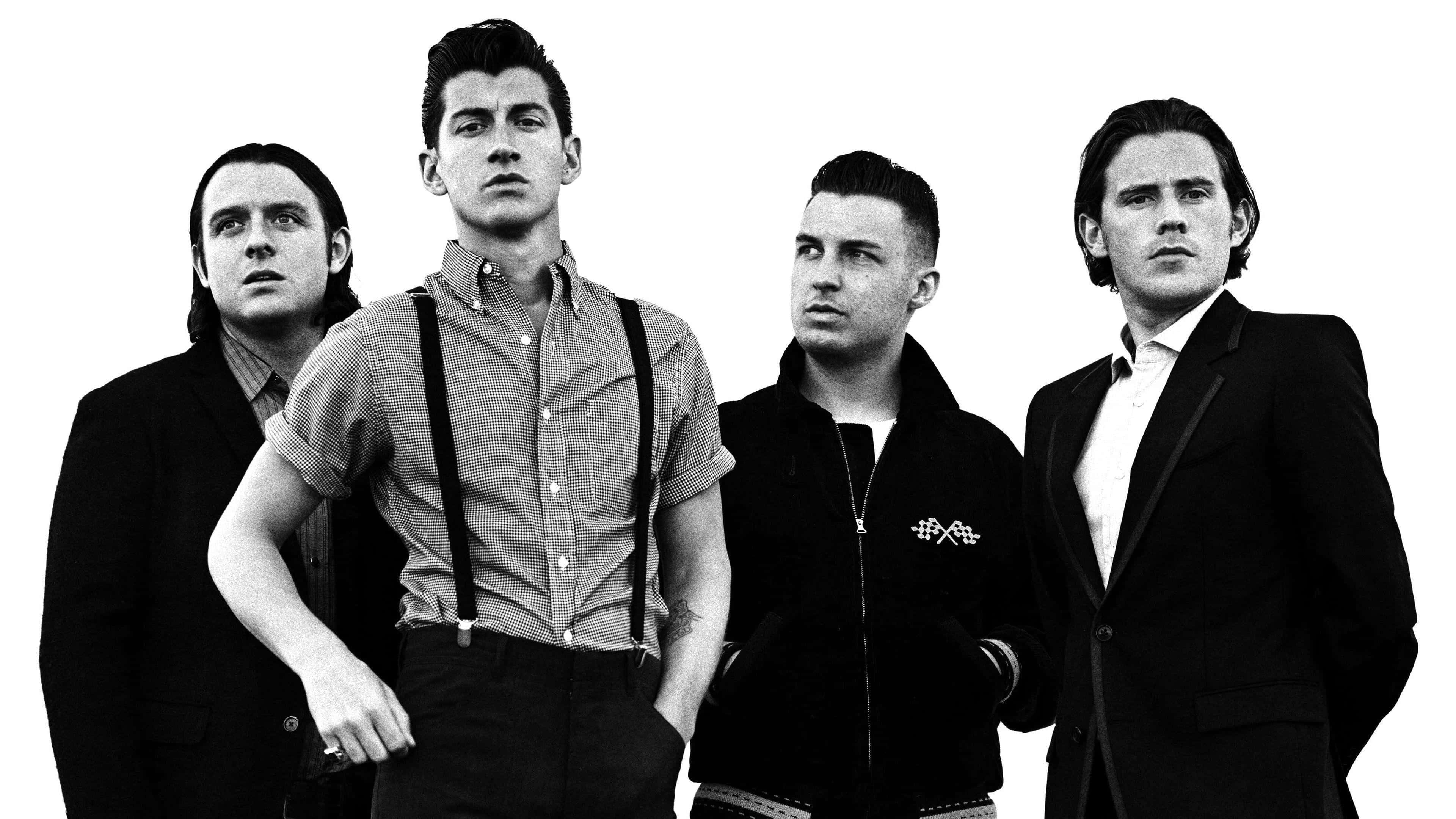 Arctic Monkeys, black and white outfits, plain white background, 4K Desktop Wallpaper