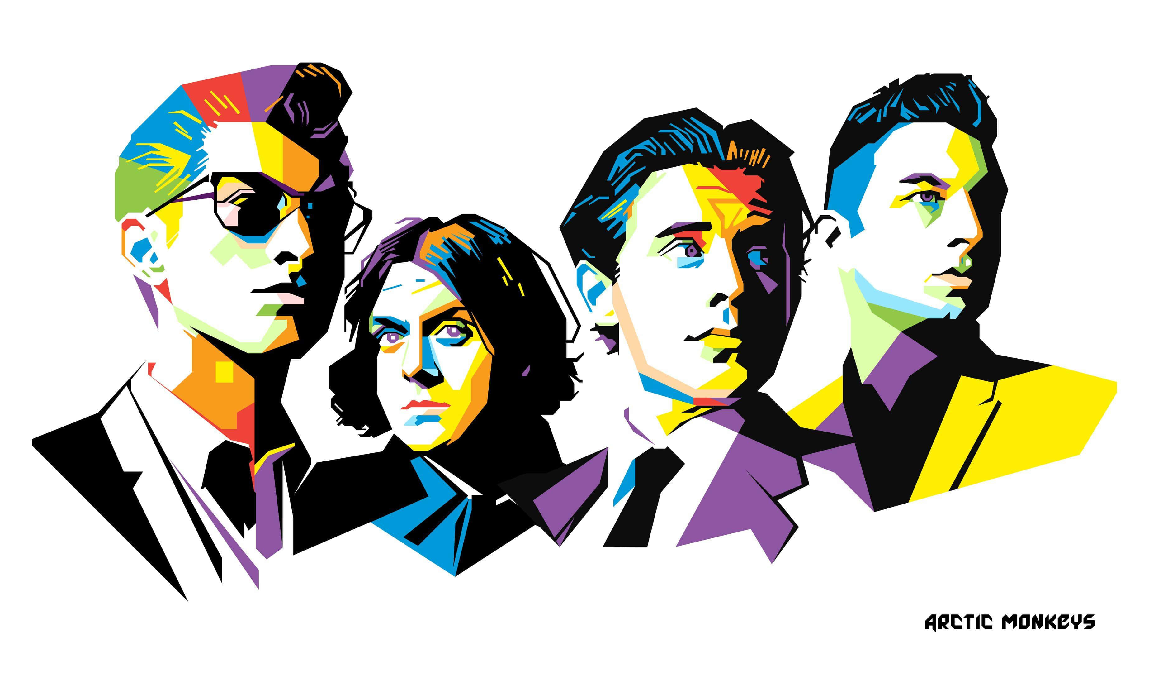 Arctic Monkeys, geometric pop art, bold color blocks, 2K Desktop Wallpaper
