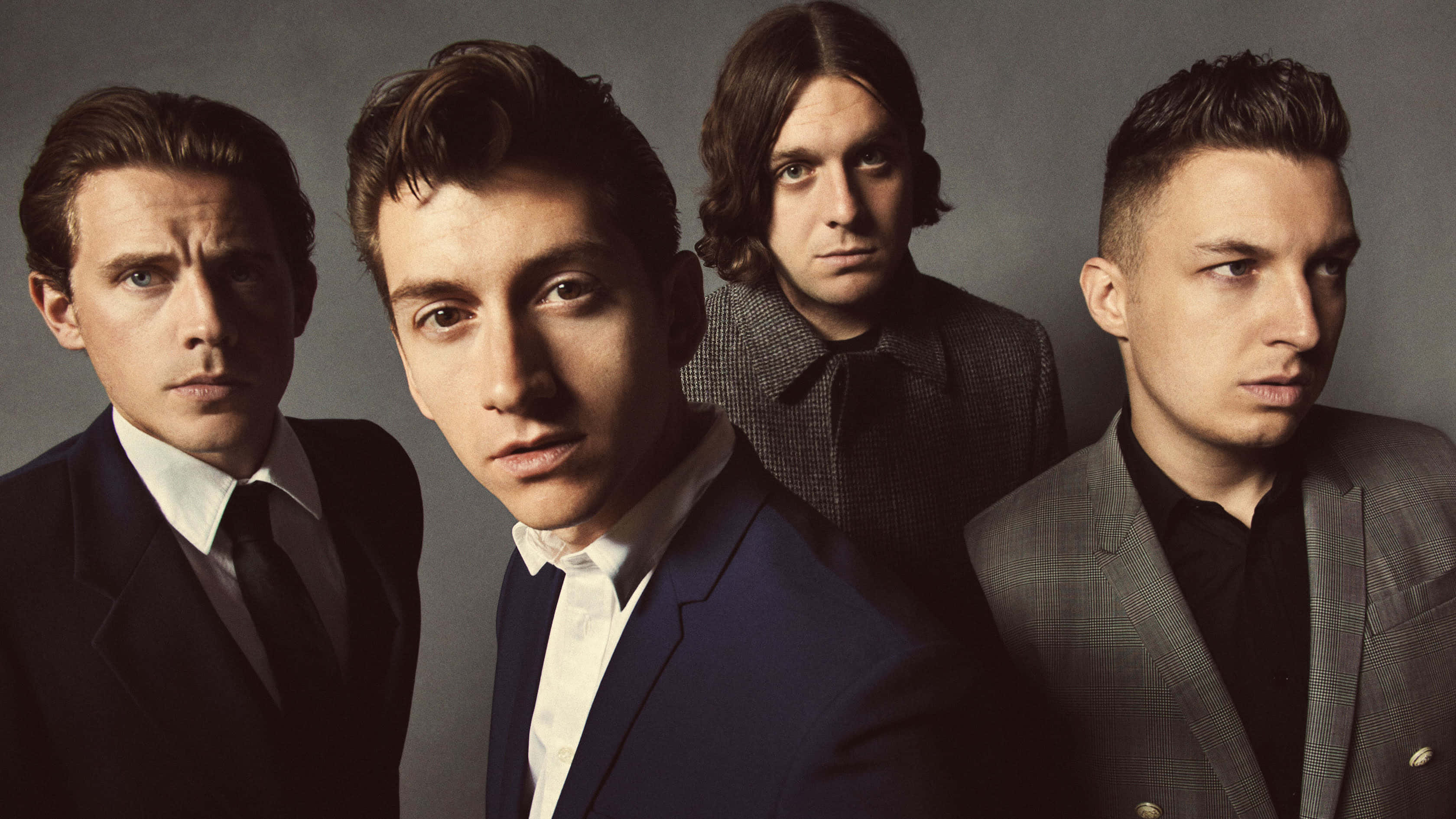 Arctic Monkeys, suits, gray studio backdrop, 2K Desktop Wallpaper