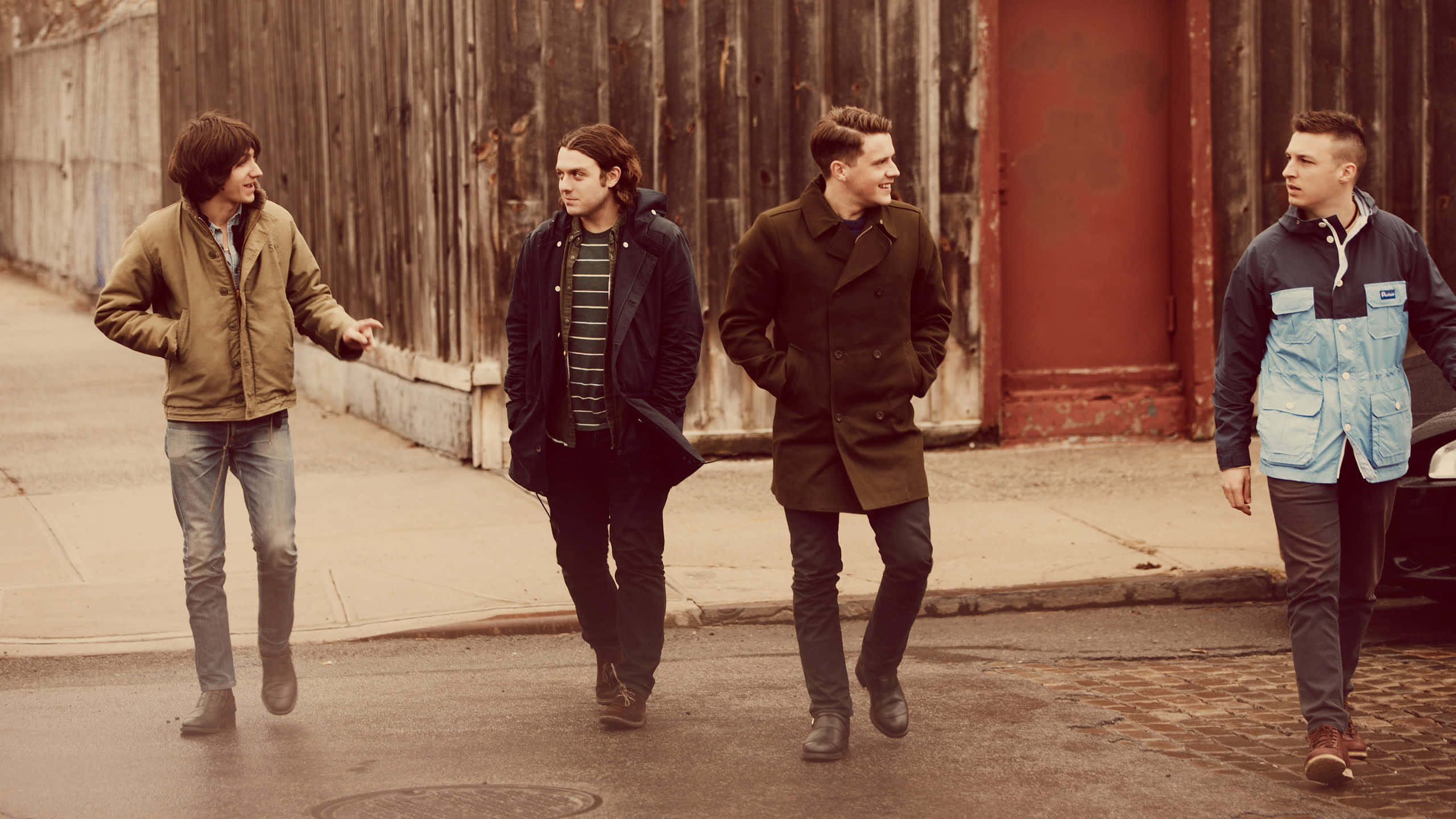 Arctic Monkeys, coats, gritty urban street, 2K Desktop Wallpaper