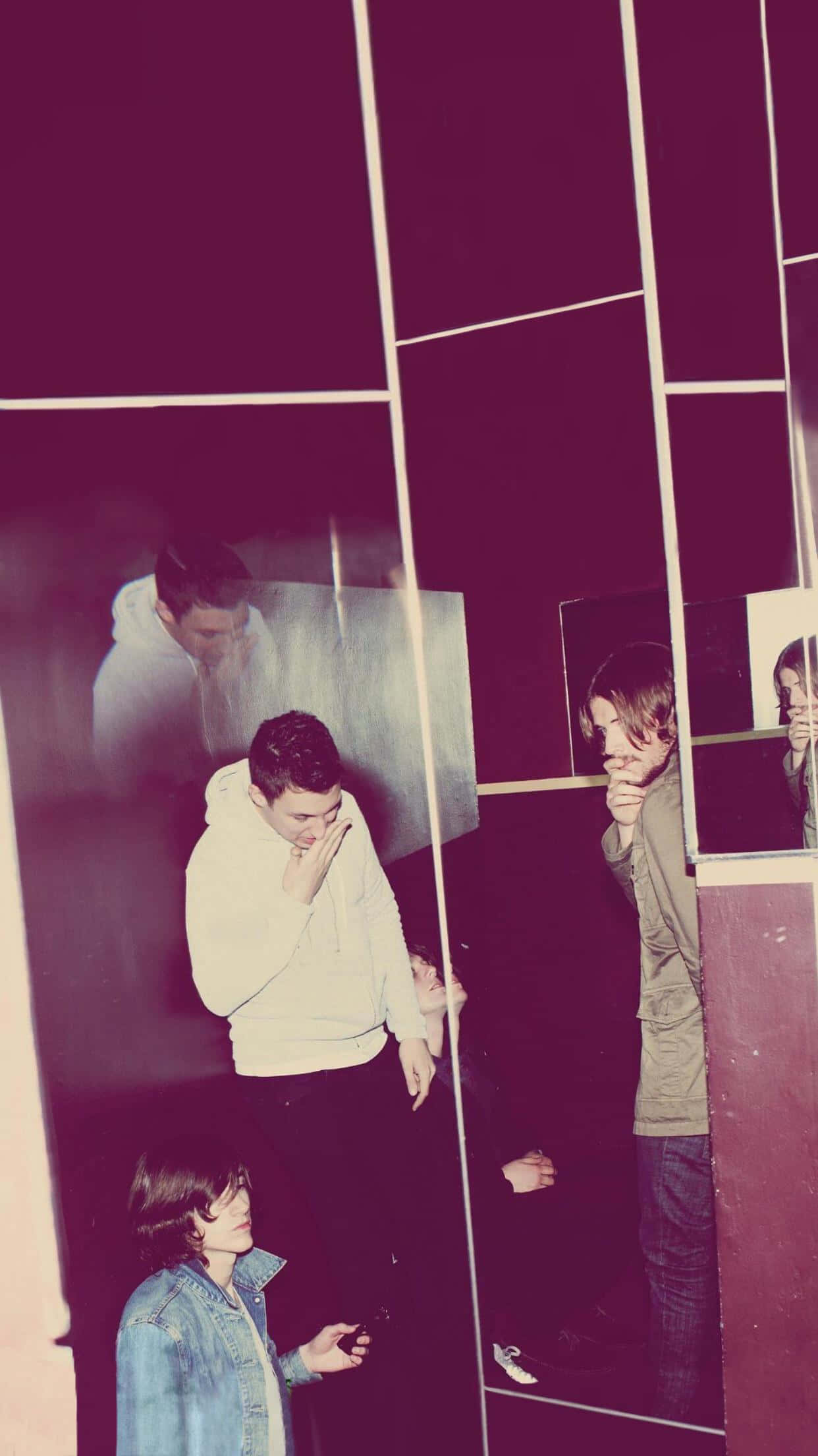 Arctic Monkeys, mirrored reflection, dim purple-lit room, Full HD Phone Wallpaper