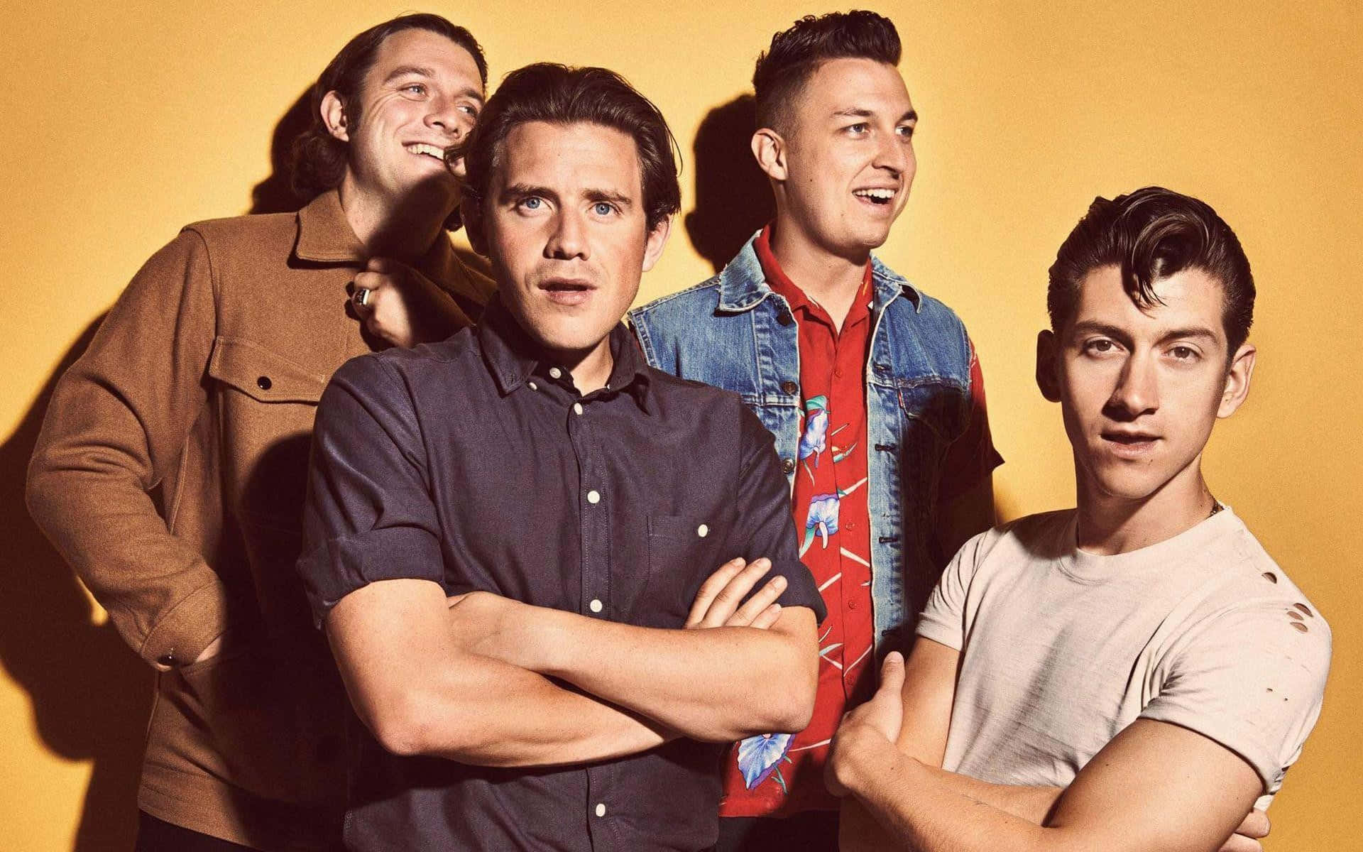 Arctic Monkeys, yellow background, studio backdrop, Full HD Desktop Wallpaper