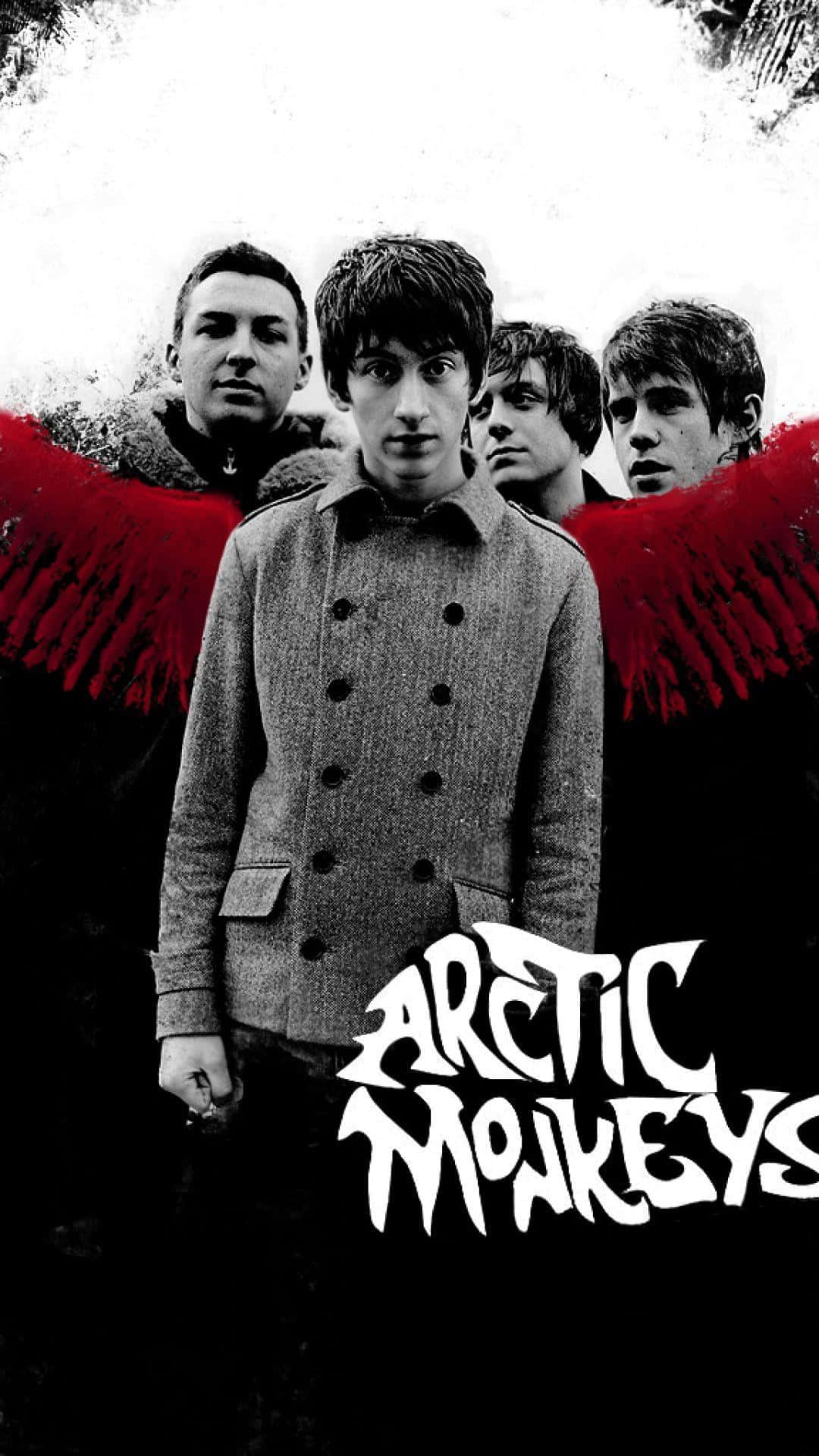 Arctic Monkeys, red feathered wings, black and white, Full HD Phone Wallpaper